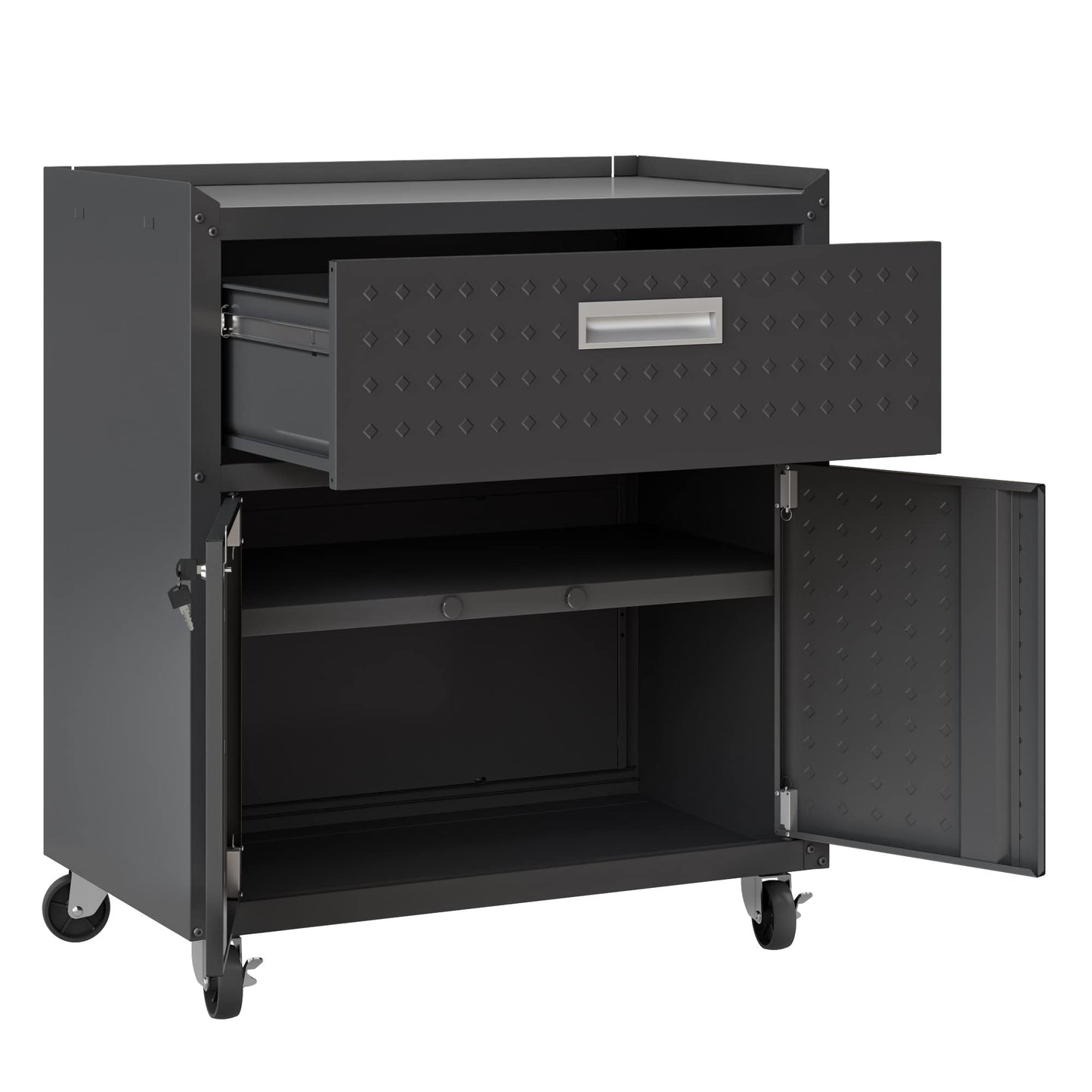 Manhattan Comfort Fortress Rolling Garage Storage Cabinet with Drawer & Adjustable Shelves, Lockable Metal Compartment for Tools, Heavy-Duty Mobile Utility Organizer with Wheels, Charcoal Gray
