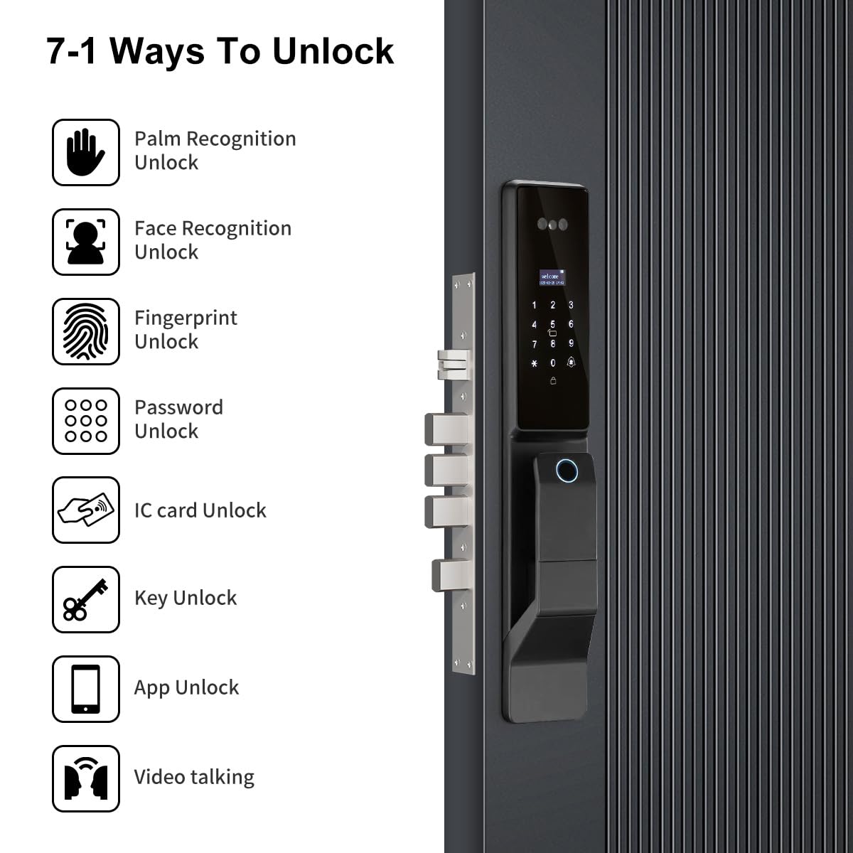3D Facial Recognition Smart Door Lock with Palm Vein Recognition, 8-in-1 Keyless Entry System, High-Definition Video Screen, Fingerprint, Ic Card, App-Based Remote Unlocking, Wi-Fi, Auto-Lock