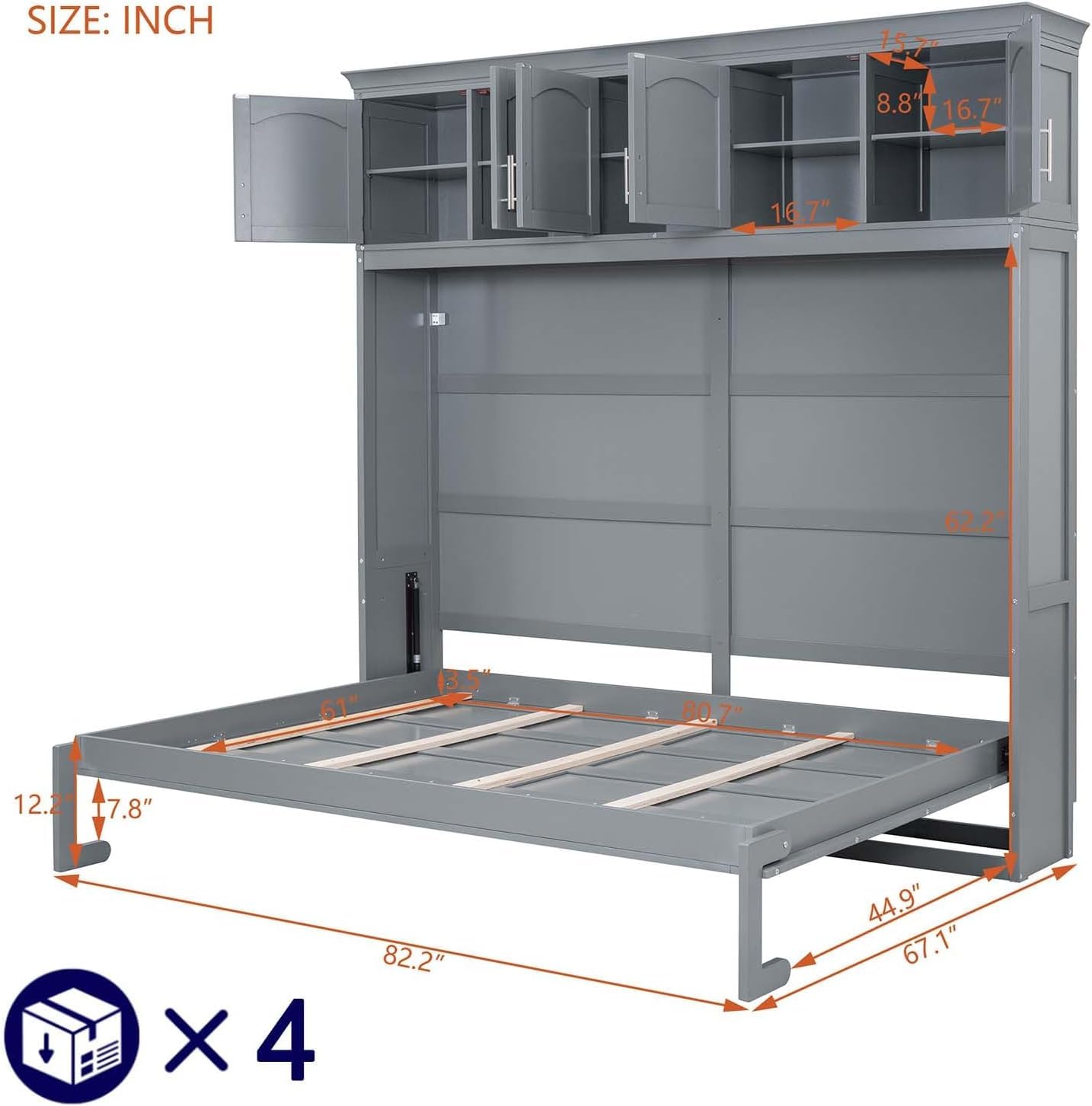 MERITLINE Queen Horizontal Murphy Bed with Storage Cabinet,Wood Grey Murphy Wall Bed Queen Folding Adult Murphy Bed Queen Size