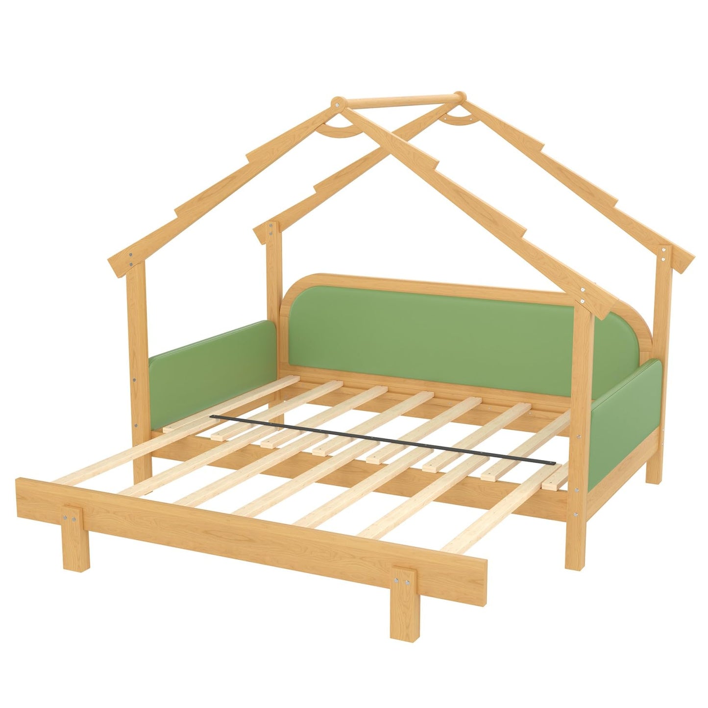 KEIKI Treehouse Extending Twin Size Bed Frames with Cushion Rails & Trundle, Upholstered Montessori Twin Daybed Bed Captain Platform for Kids Girls Boys Teens, No Box Spring Needed, Pine Solid Wood