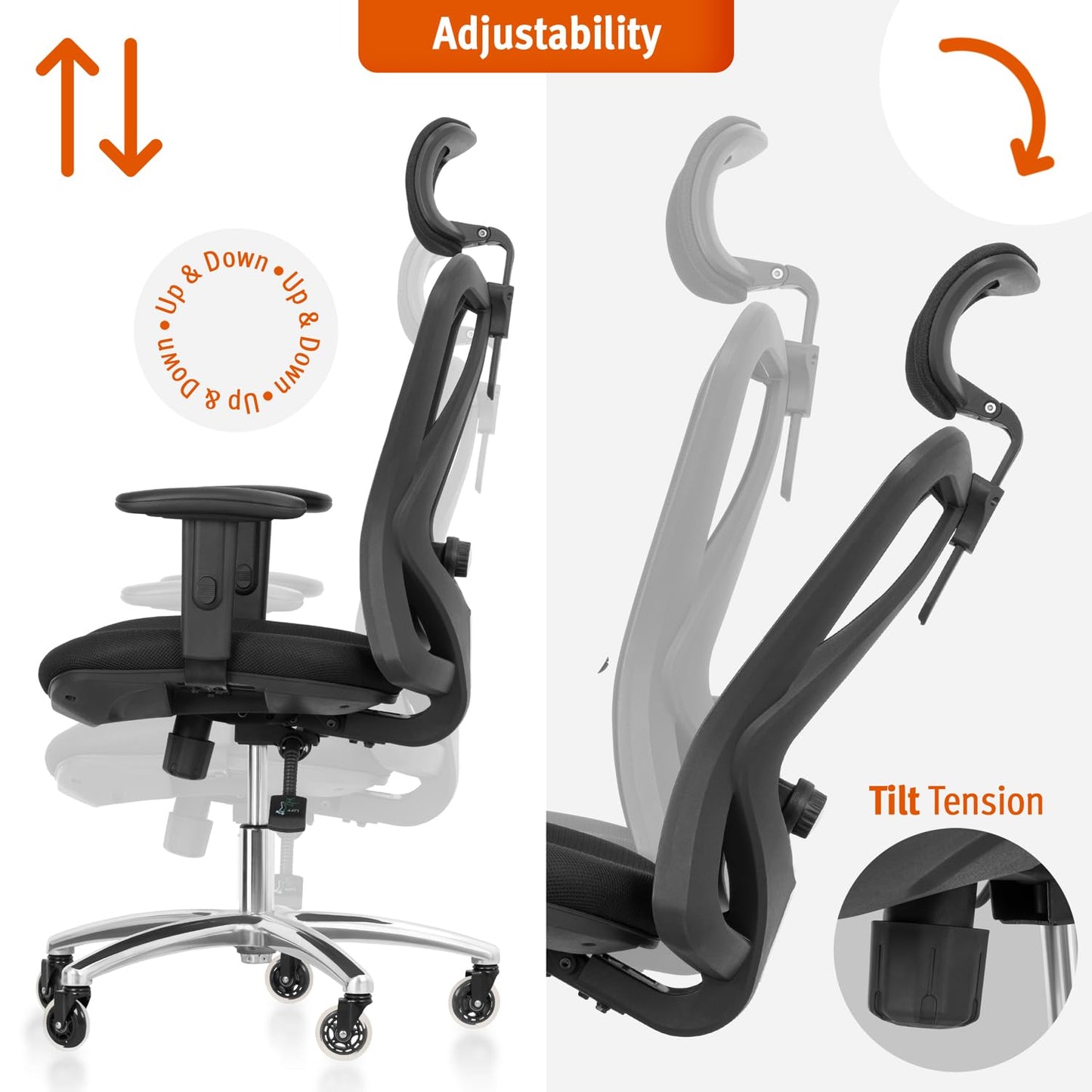 Duramont Ergonomic Office Chair | Adjustable Desk Chair with Lumbar Support and Rollerblade Wheels | High Back Chair with Breathable Mesh | Thick Seat Cushion