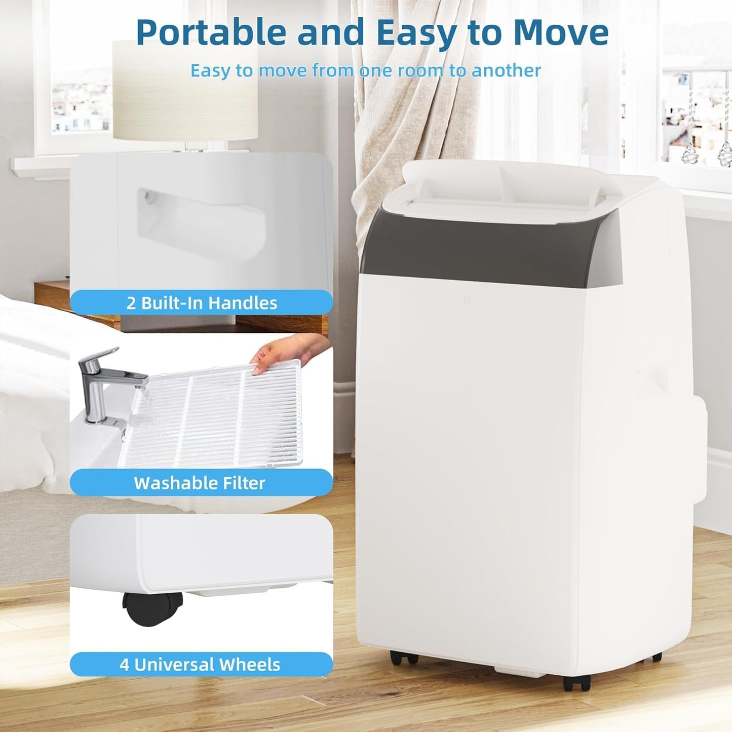 14,000 BTU Portable Air Conditioner With Dehumidifier & Fan, Cools Up to 750 Sq.Ft. Room Air Conditioner, Remote Control, Installation Kits, Auto Swing, Quiet Portable AC Units for Rooms, White Top