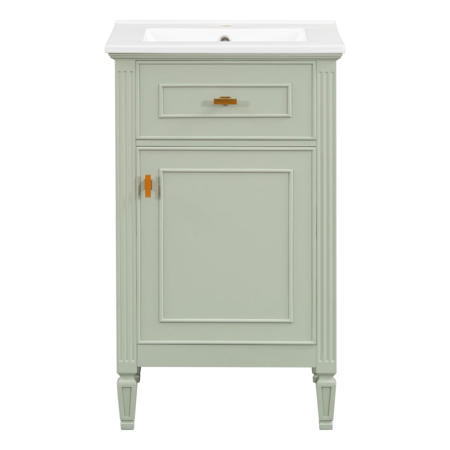 20" Bathroom Vanity with Ceramic Sink Top, Tip-Out Drawer, Door Rack, Adjustable Shelf, Solid Wood Legs, Soft-Closing Door, Green