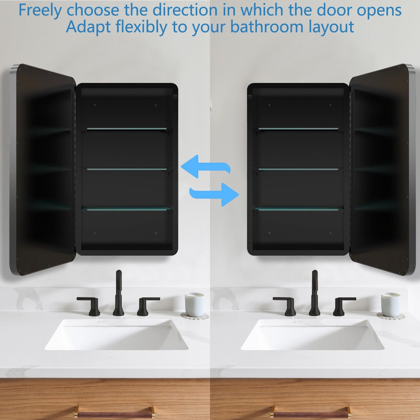 HESONTH Medicine Cabinet with Mirror, 20x26 Inch Black Bathroom Mirrored Cabinet, Metal Framed Wall Cabinet with Mirror, Modern Surface Mount or Recessed Medicine Cabinet with Storage