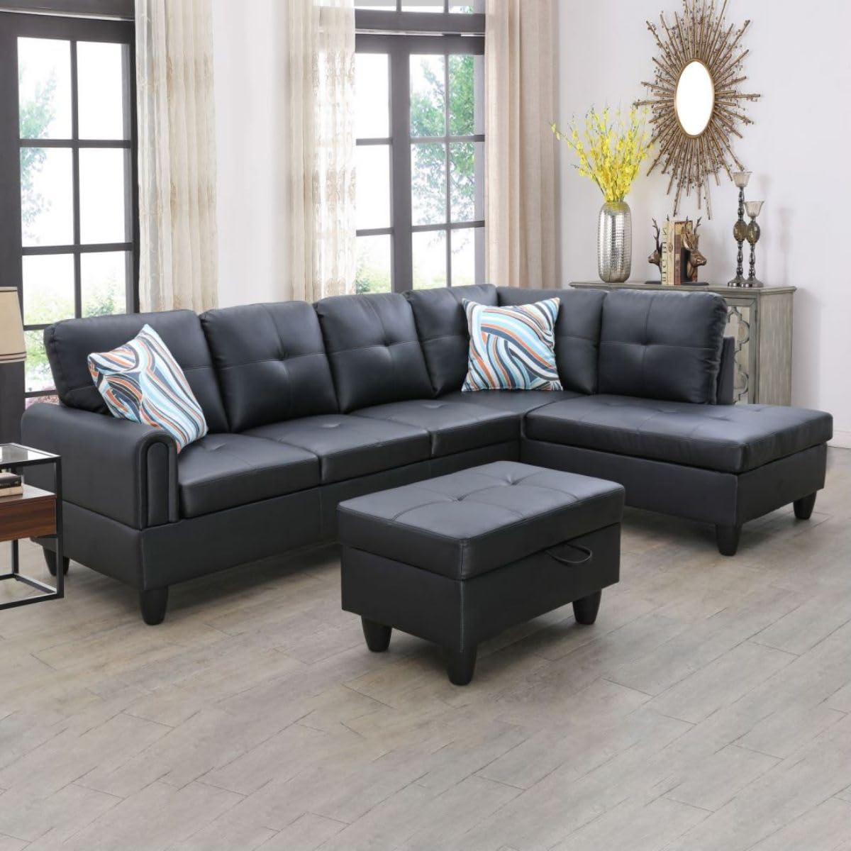 UOCFYK Black White L-Shaped 3-Piece Faux Leather Sofa with Storage Ottoman Set, Sectional Couch Sofa Set for Living Room, Office, Small Space