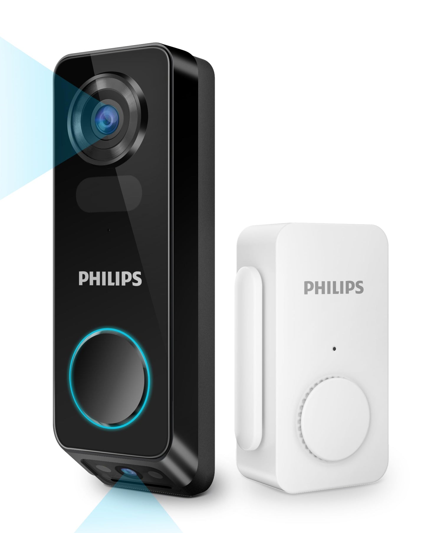 PHILIPS Security Video Doorbell Camera (Chime Included), No Monthly Fee, Dual Cameras 2K QHD with Motion Detection, 2-Way Audio, Supports Alexa & Google Assistant, Battery/Wired Powered