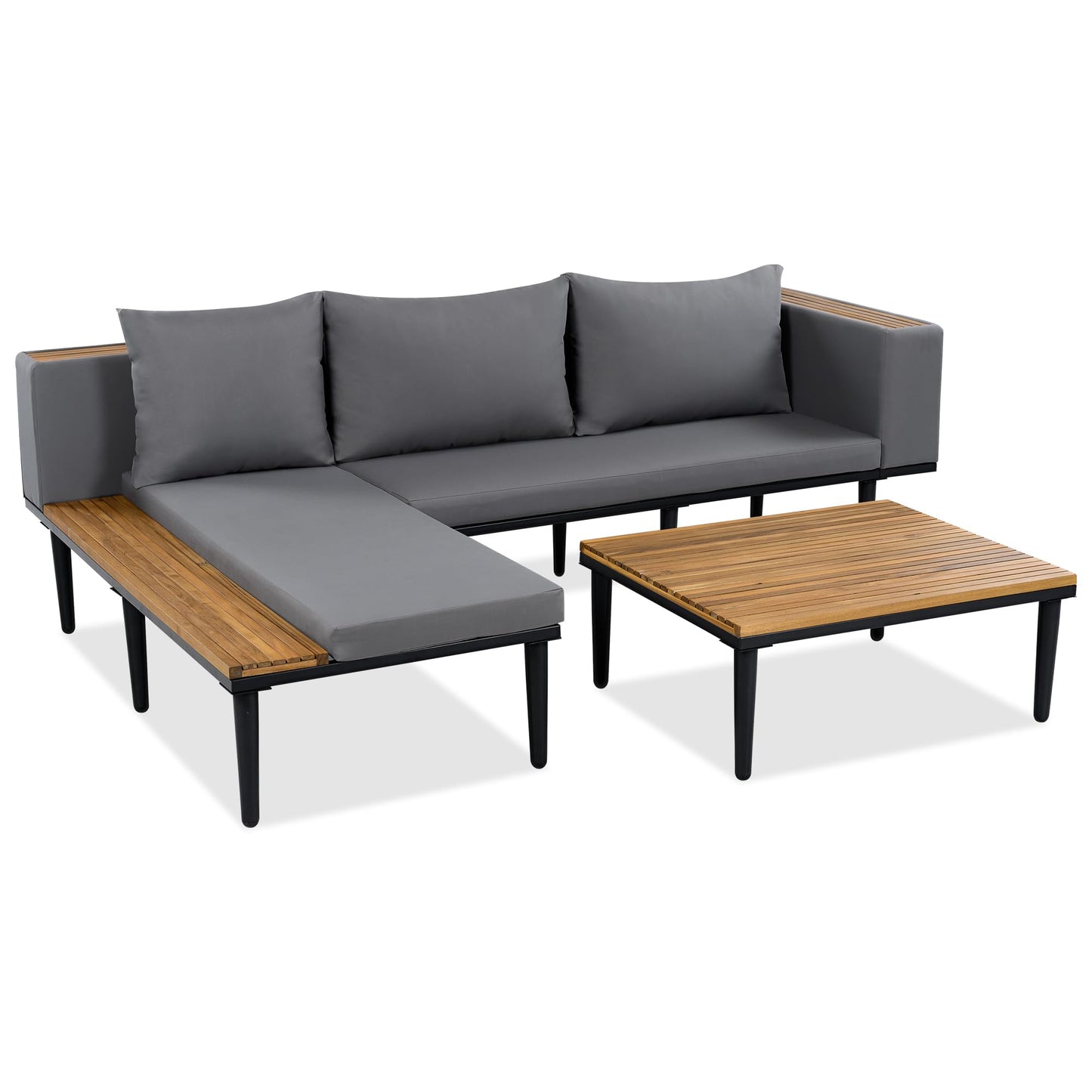 Luxury 4-Piece L-Shaped Outdoor Patio Sofa Set with Acacia Wood Side & Coffee Table, Removable Cushions & Pillows, Metal Frame, Comfortable Modular Conversation Sectional for Backyard, Porch, Gray
