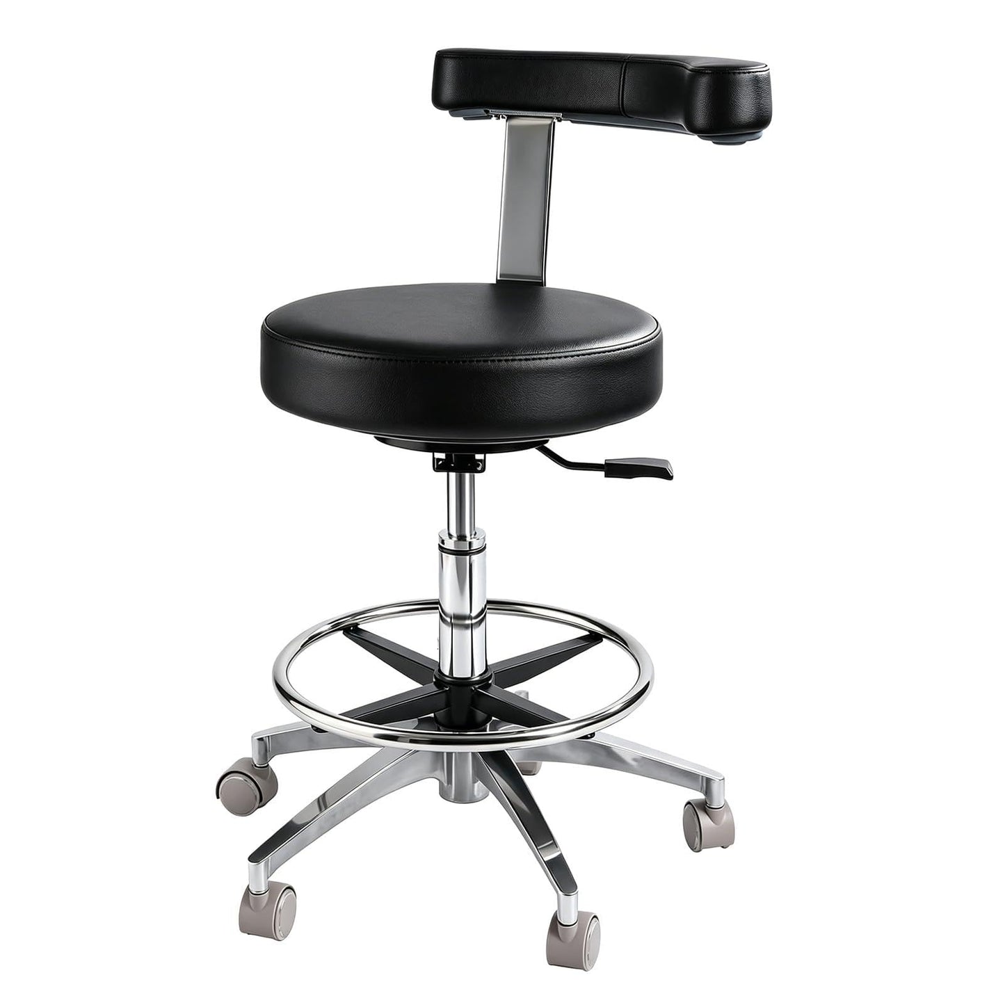 Rolling Stool with Back Support | Heavy Duty Stool 400lbs,2-in-1 Armrest Backrest Adjustable Height Swivel Chair,PU Leather Ergonomic for Dentist Hygienist Tattoo Artist Salon Lab Home Office-black