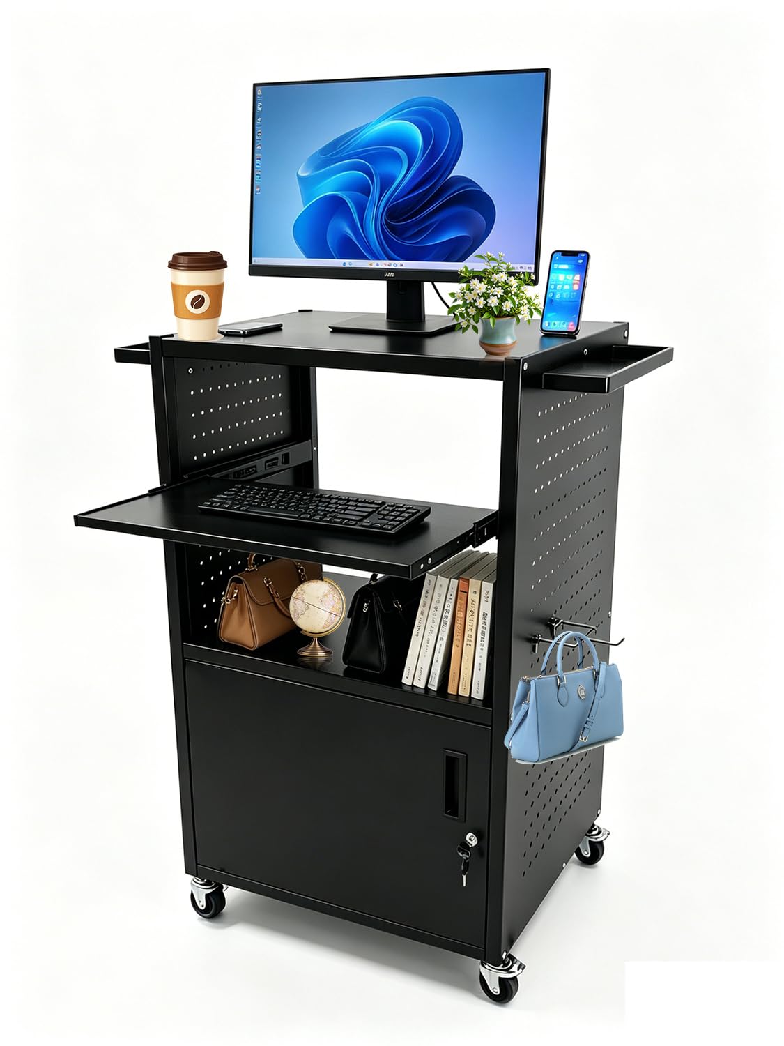 Upgraded AV Cart with Power Strip, Mobile Media Workstation with Pegboard & 12 Hooks, Locking Cabinet, Pull-Out Keyboard Tray, Rolling Computer Cart, Utility Trolley (40" x 18" x 31.5")