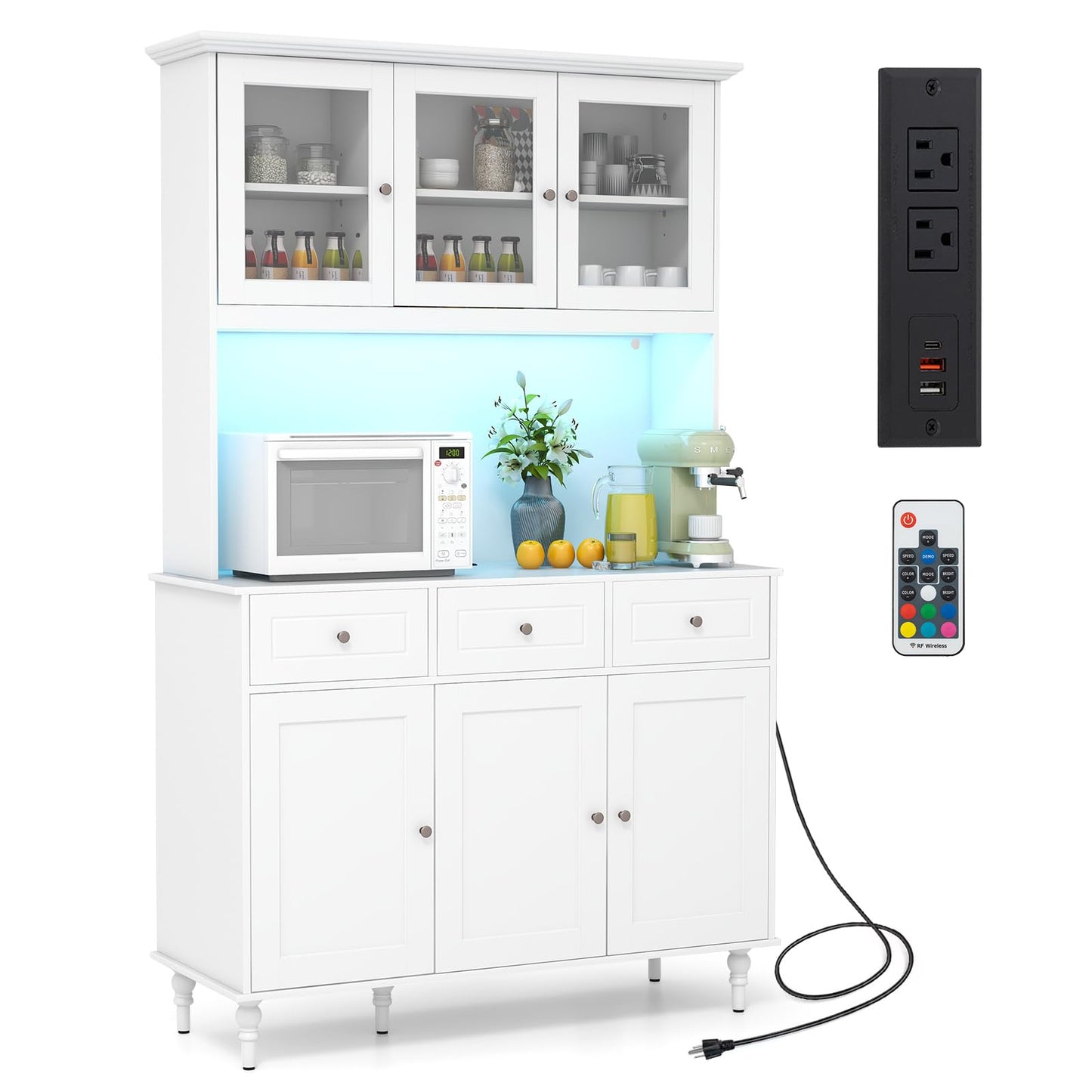 Giantex 77” Large Pantry Cabinet, Kitchen Buffet Hutch w/LED Lights 20 Colors, Outlet, 3 Drawers, Microwave Countertop, Freestanding Cupboard with 4 Adjustable Shelves & Tempered Glass Doors (White)