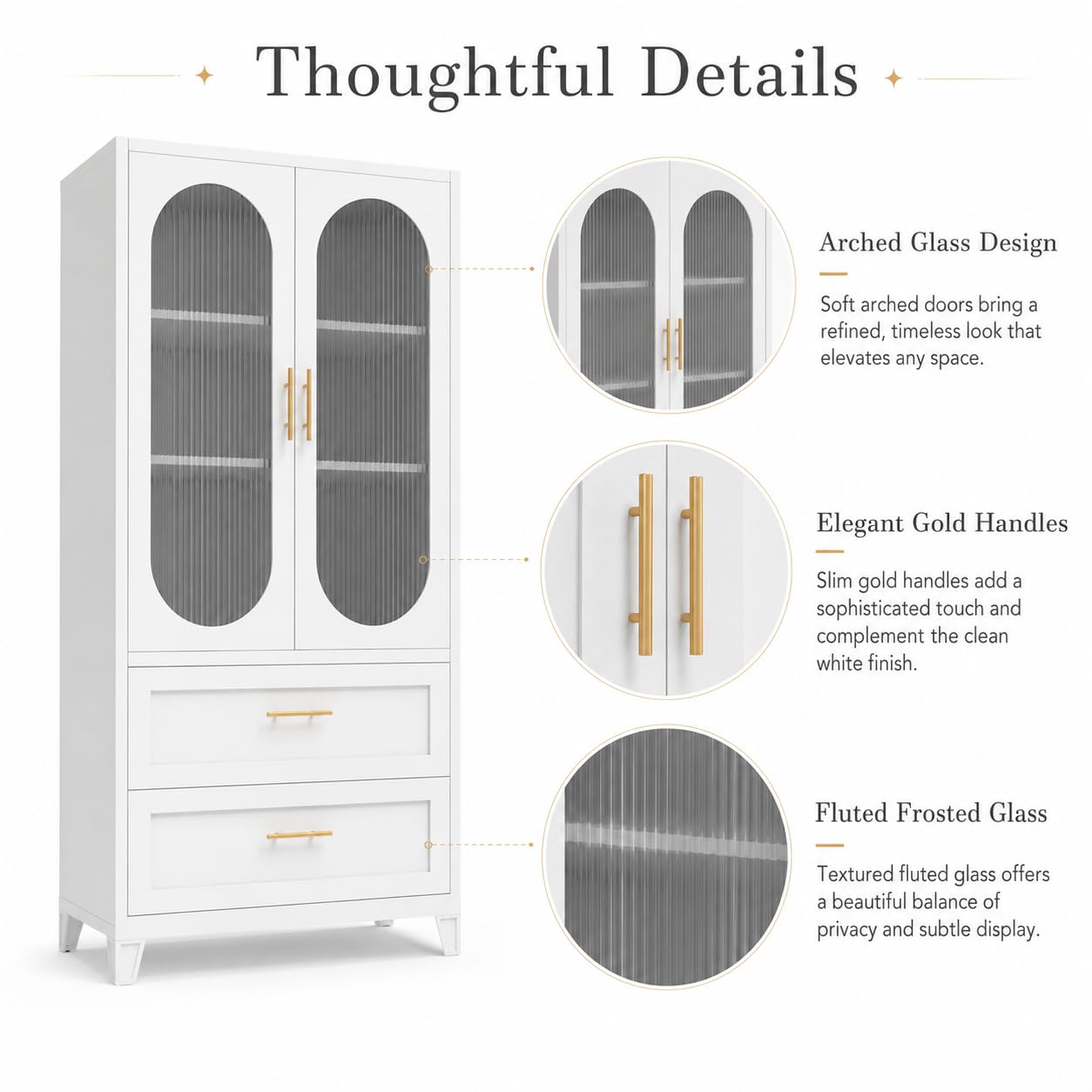 Garvee 74" H Storage Cabinet, Freestanding Pantry Cabinet, Frosted Glass Doors, Fluted Design, 4 Door Cabinet with Adjustable Shelf, Kitchen Bathroom Dining Room Living Room Office, White