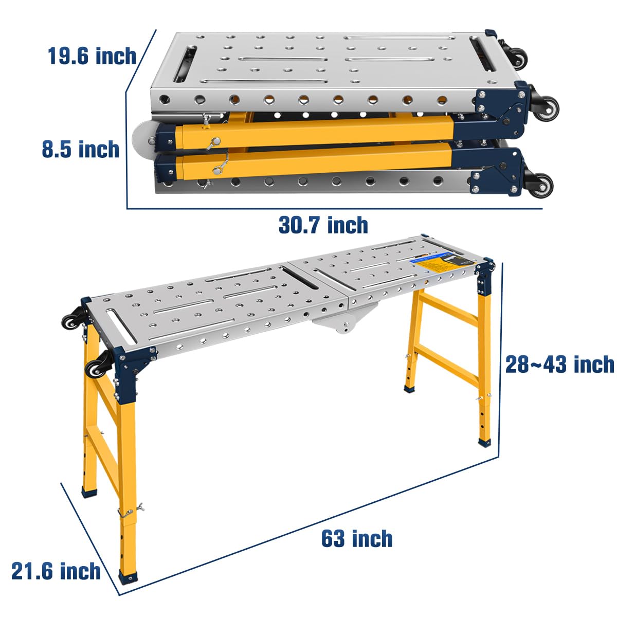 FUNTECK Versatile Portable Steel Work Platform and Welding Table with Casters | 55 x 14-inch Galvanized Tabletop | 1100 lbs. Load Capacity | Adjustable Height