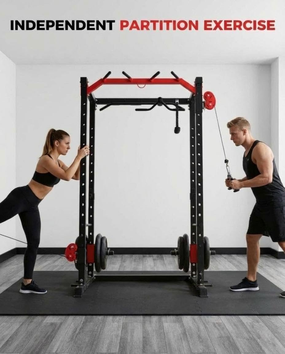 ExploreHorizon Power Cage with LAT Pulldown & Cable Crossover System, 2000LBS Multi-Functional Power Rack, All-in-1 Weight Cage Home Gym with Adjustable Pulley System, Squat Rack for Garage, Home