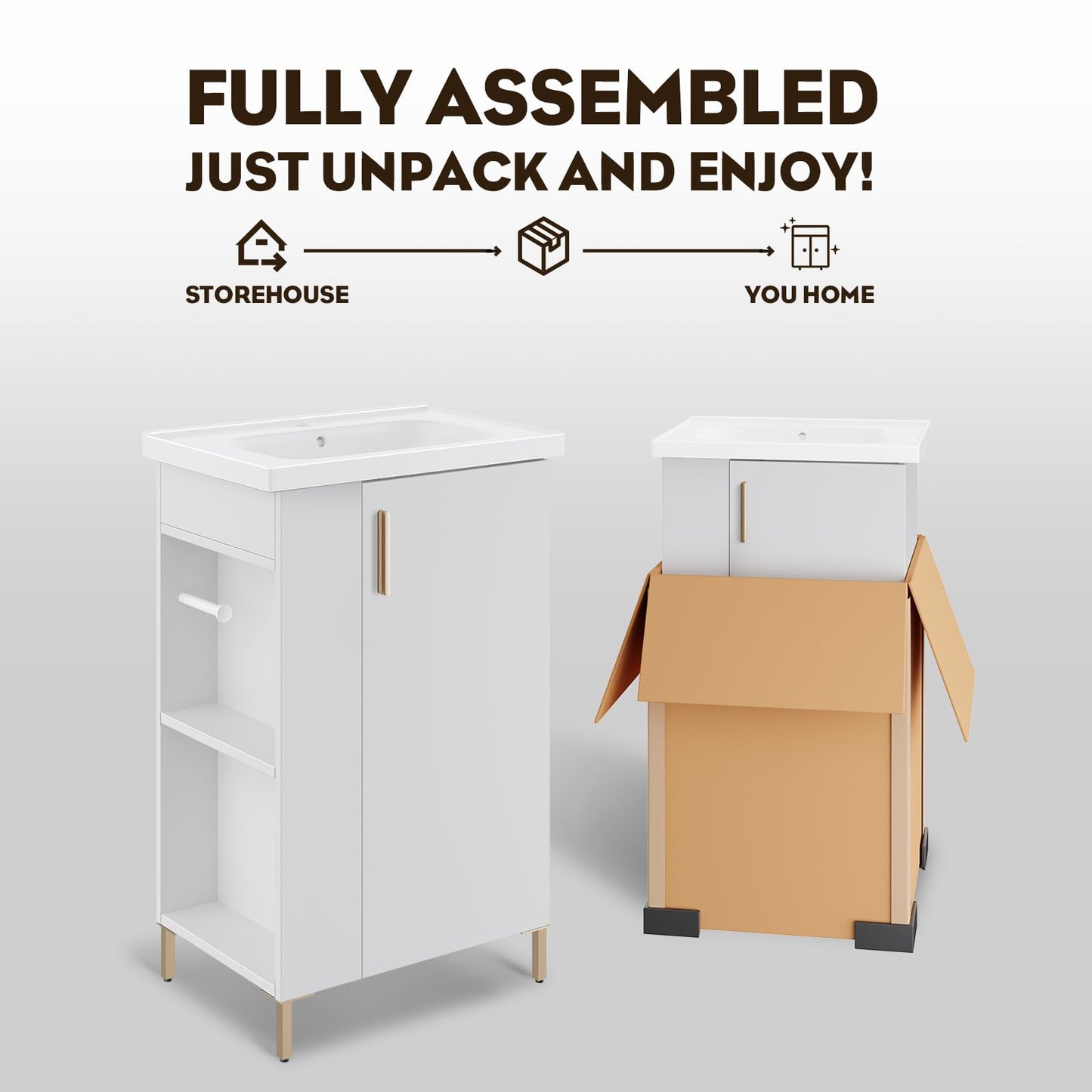 phiestina 20 Inch White Pre-Assembled Small Bathroom Vanity Cabinet with Ceramic Sink, Soft-Close Door, Left Side Storage, Space-Saving Design, No Faucet,BV05-20-WHITE-PLUS