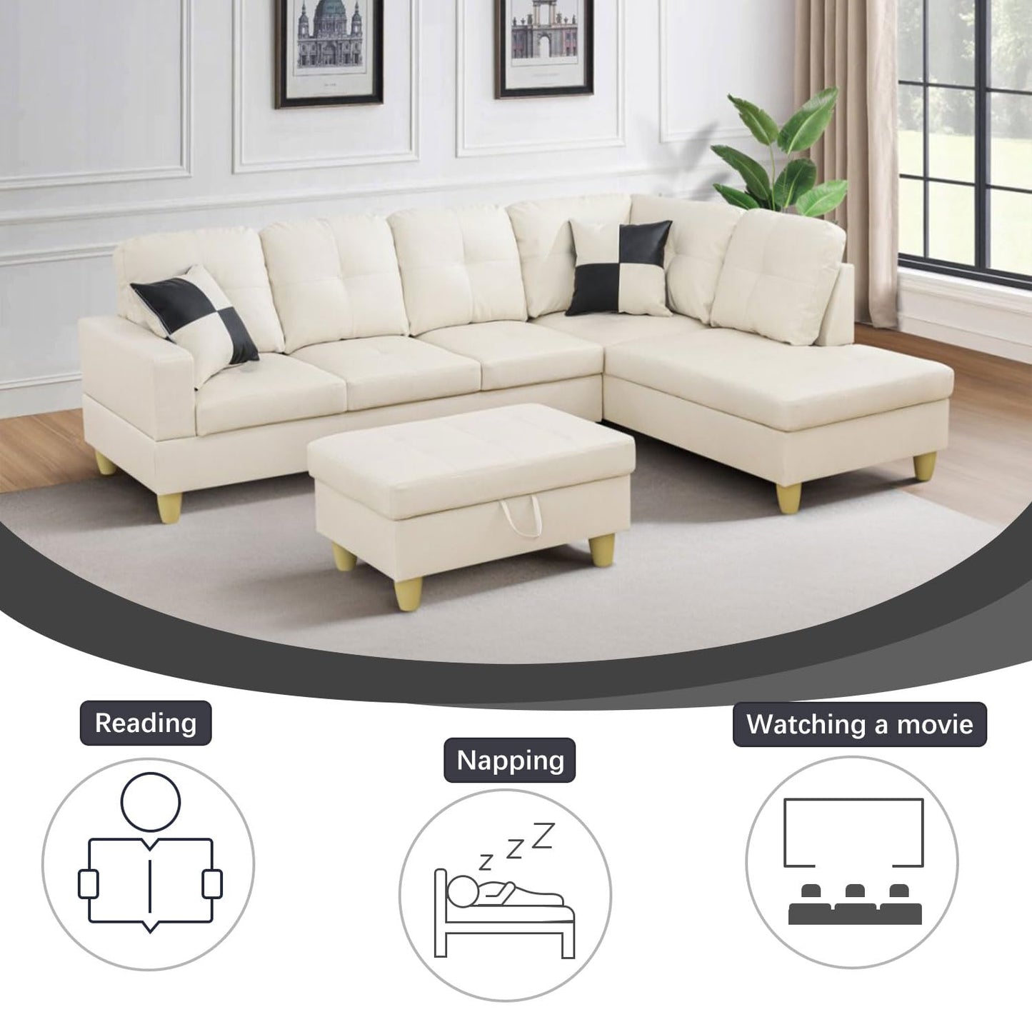 UOCFYK White L-Shaped 3-Piece Faux Leather Sofa with Storage Ottoman Set, Sectional Couch Leather-Like Sofa Set for Living Room, Office, Small Space