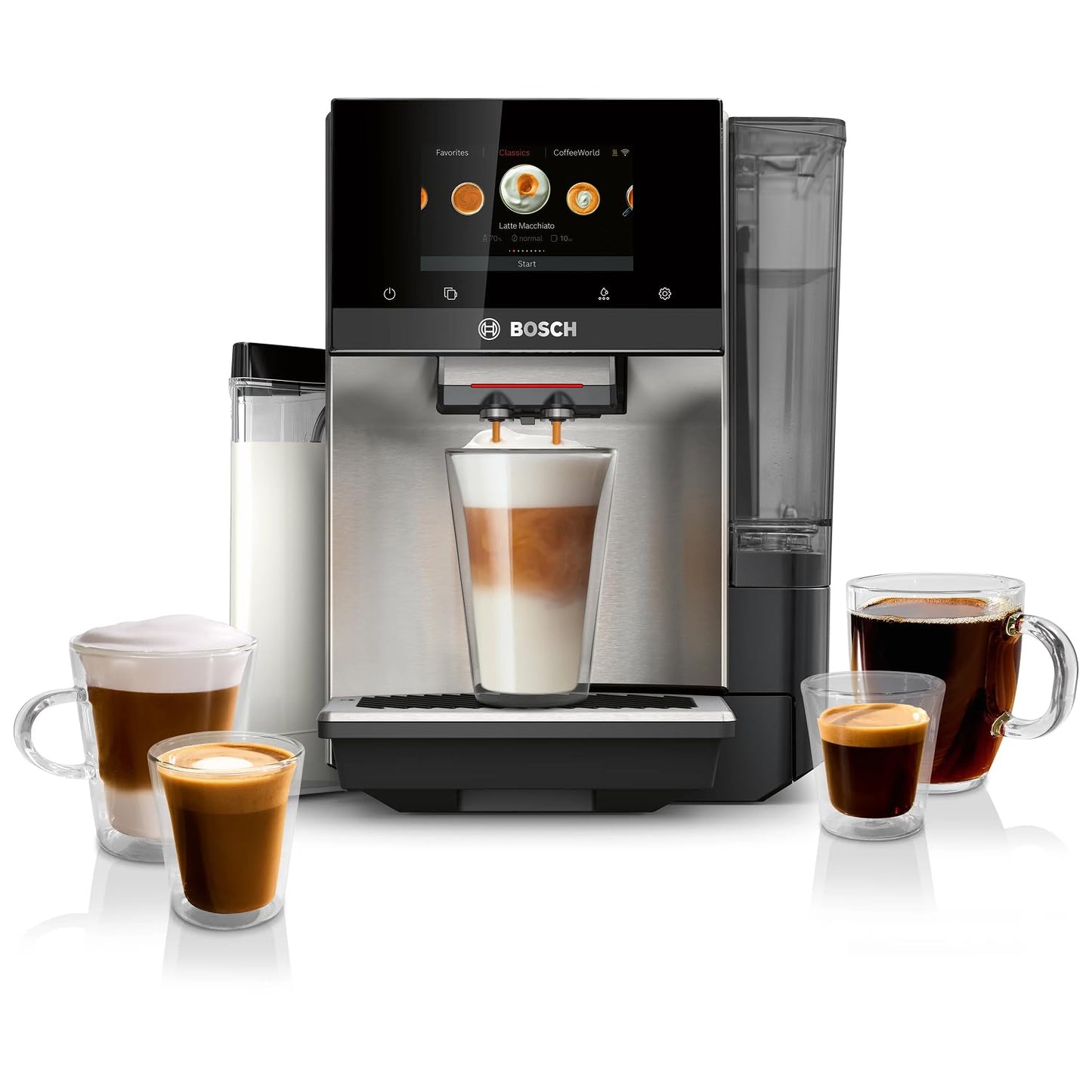 Bosch Fully Automatic Coffee and Espresso Machine - 36 Drinks, Double Cup Barista Style Super Coffee Maker - Touchscreen, Large Bean Capacity - Easy Clean, Maintenance - Stainless Steel - TQU60703