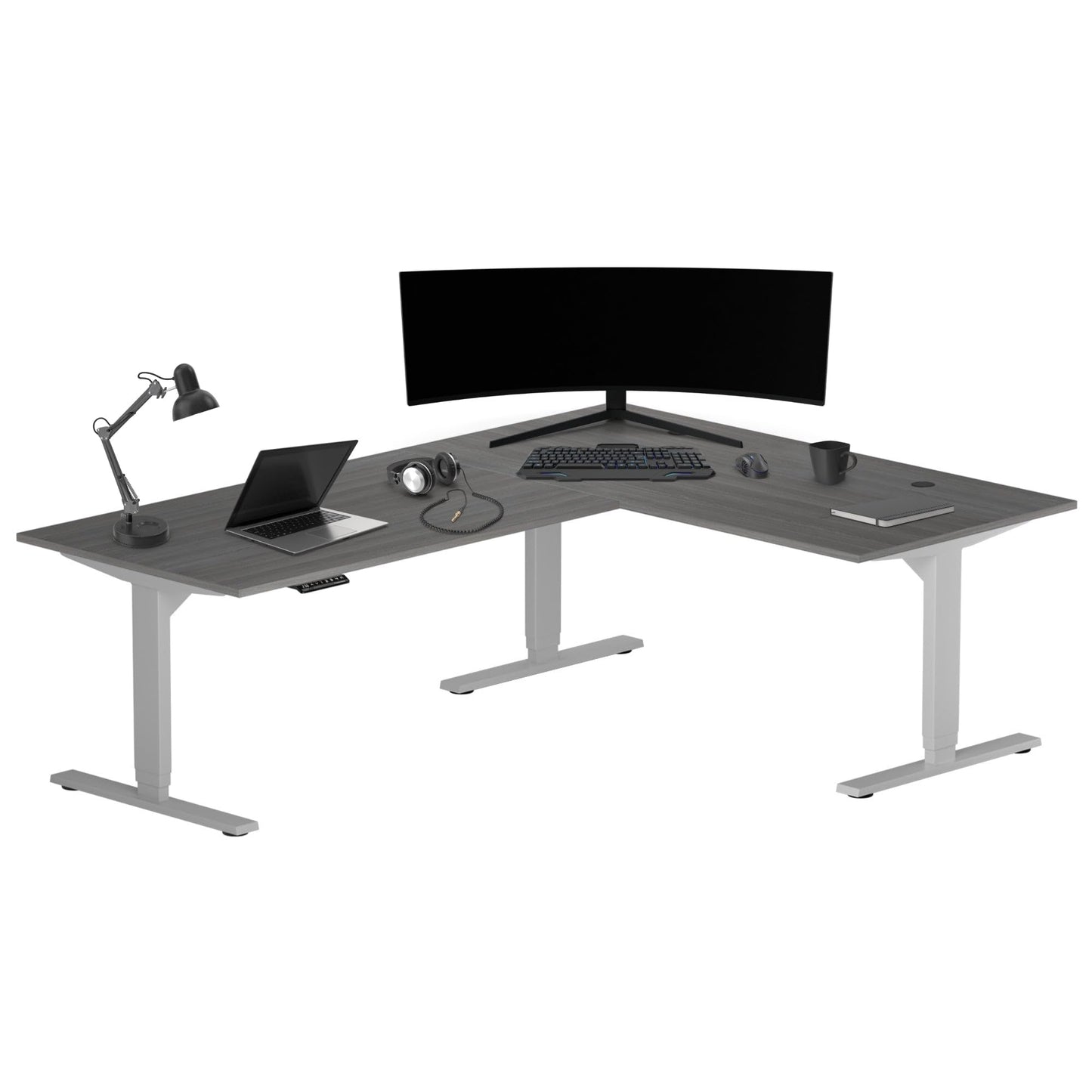 Progressive Desk Electric Stand Up Height Adjustable Standing Desk - L Shaped 78" x 60" Corner Table Computer Rising Workstation - Gray Frame, Gray Oak