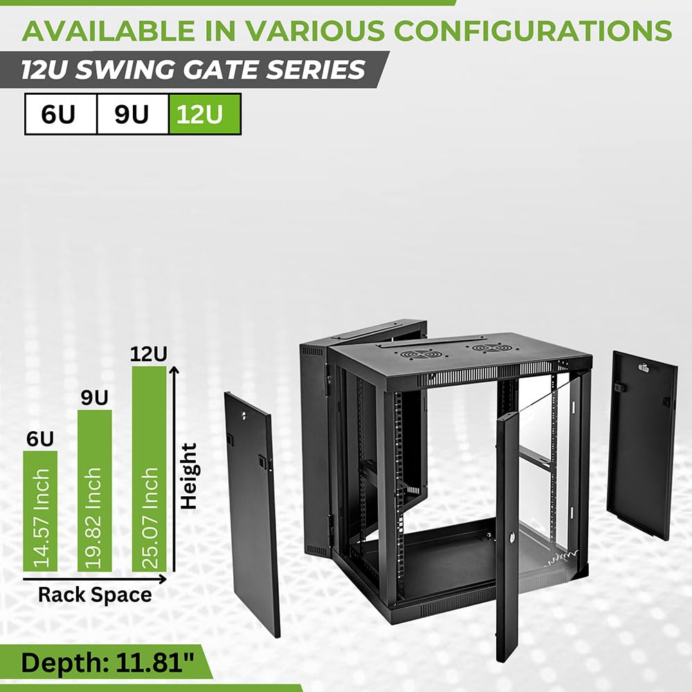 NavePoint 12U Cabinet with Hinged Back - 17.7” Deep, Server Rack Enclosure with Locking Glass Door, Wall Mount Rack with Removable Side Panels, Network Cabinet with 2 Fans, Assembled