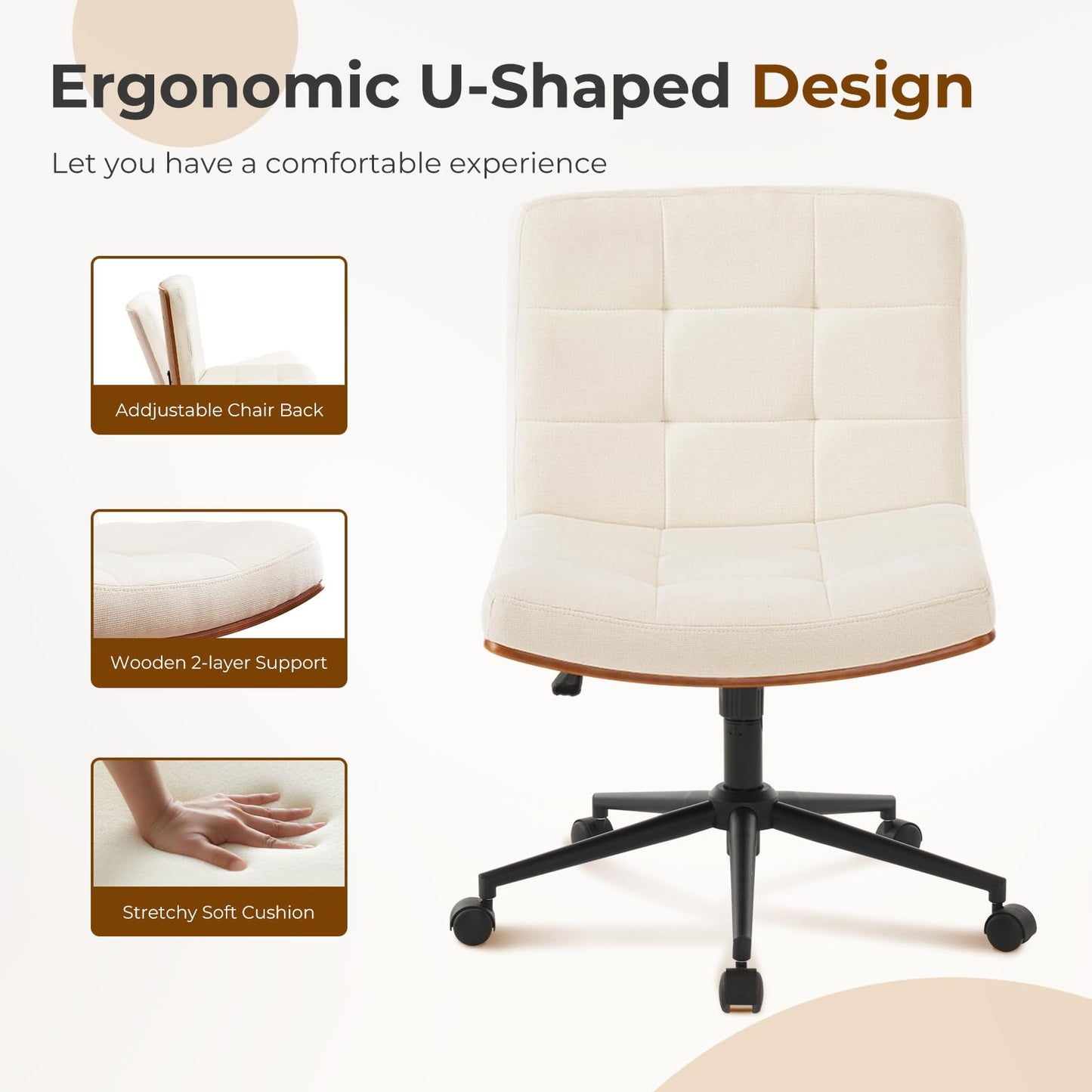 Furnimart Heavy-Duty FSC Wooden Wide Desk Chair, 360° Swivel Criss Cross Office Chair with Wheels, Comfy Cross Legged Sitting, Armless Rolling Chair for Bedroom, Office, Vanity (Linen Beige)