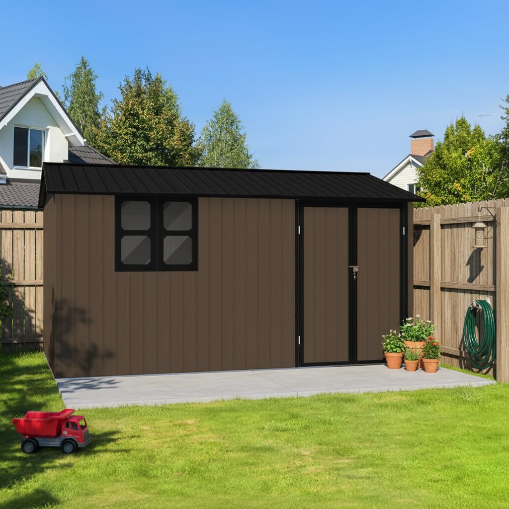 YOPTO 12x10 FT Outdoor Storage Shed,Metal Shed W/Goods Shelves & Window,Garden Tool House W/ 2 Vents & Lamp Hanging Hole & Apex Roof and Lockable Doors,for Backyard Patio Lawn,Brown