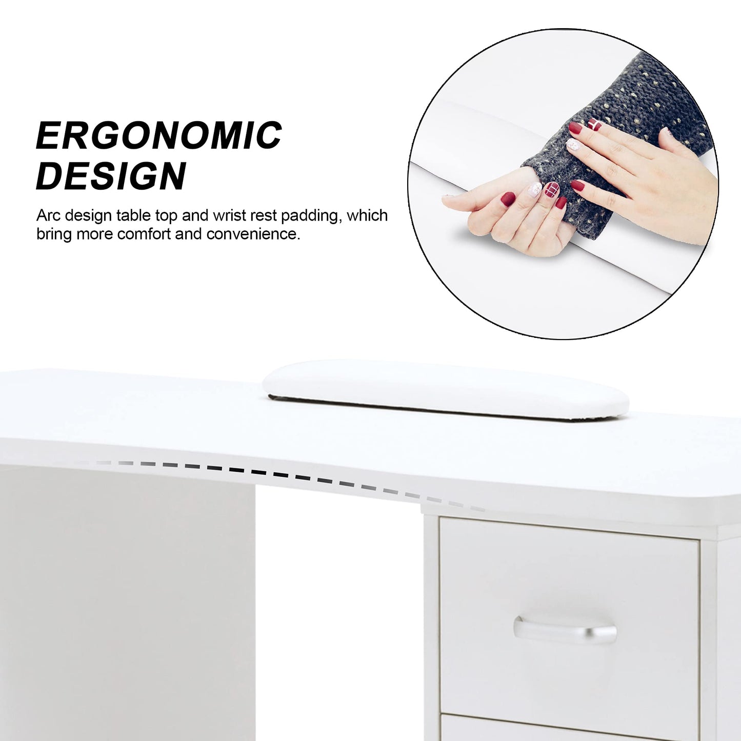 BarberPub Manicure Table - Acetone Resistant Nail Desk with 4 Drawers, 2 Cabinets, Lockable Wheels, Wrist Pad for Nail Tech, Beauty Salon - White
