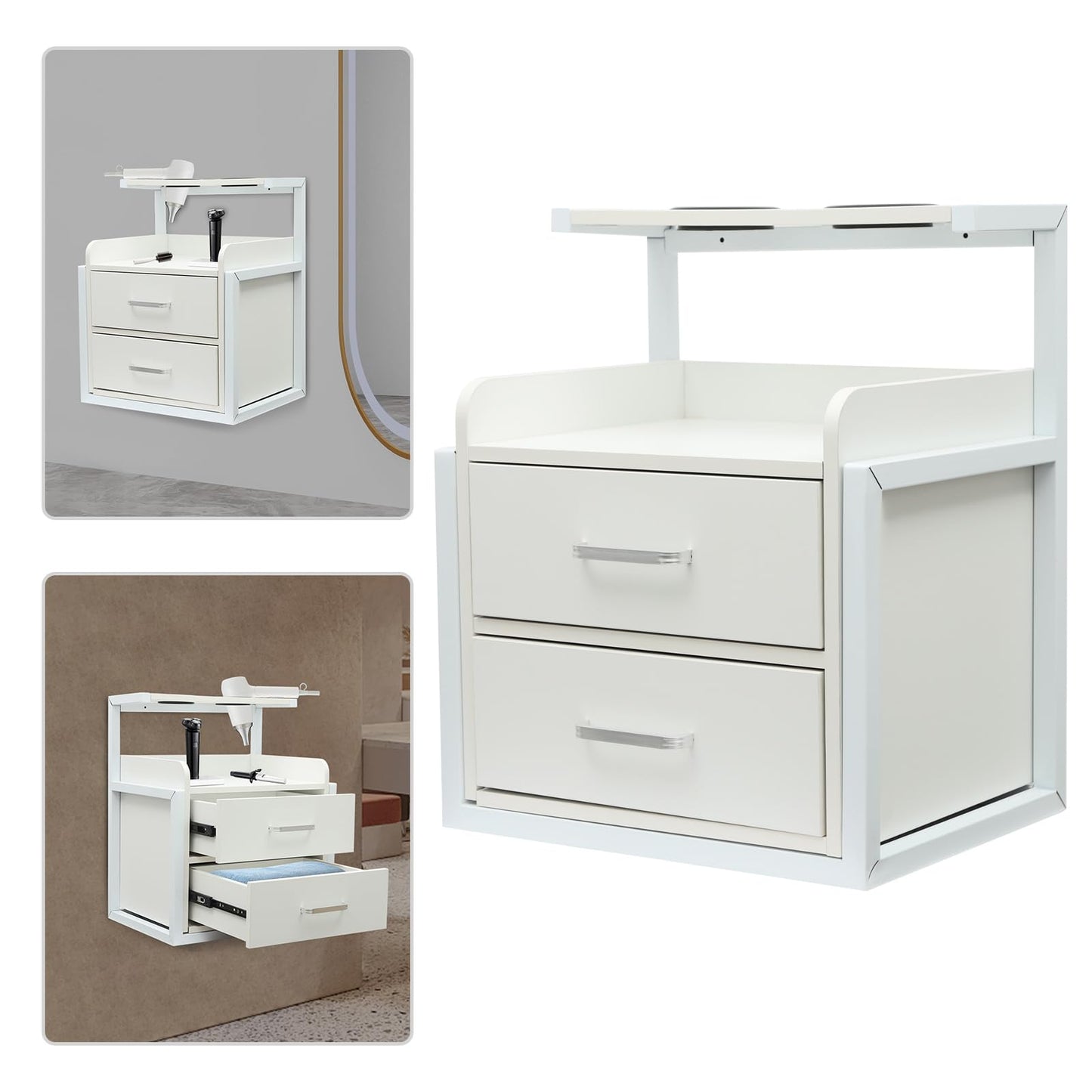 Wall Mounted Salon Storage Cabinet, Hair Tool Organizer Station with 2 Drawers & 1 Open Shelf, Barber Beauty Organizer for Salon, Home & Beauty Shop Silver＋White