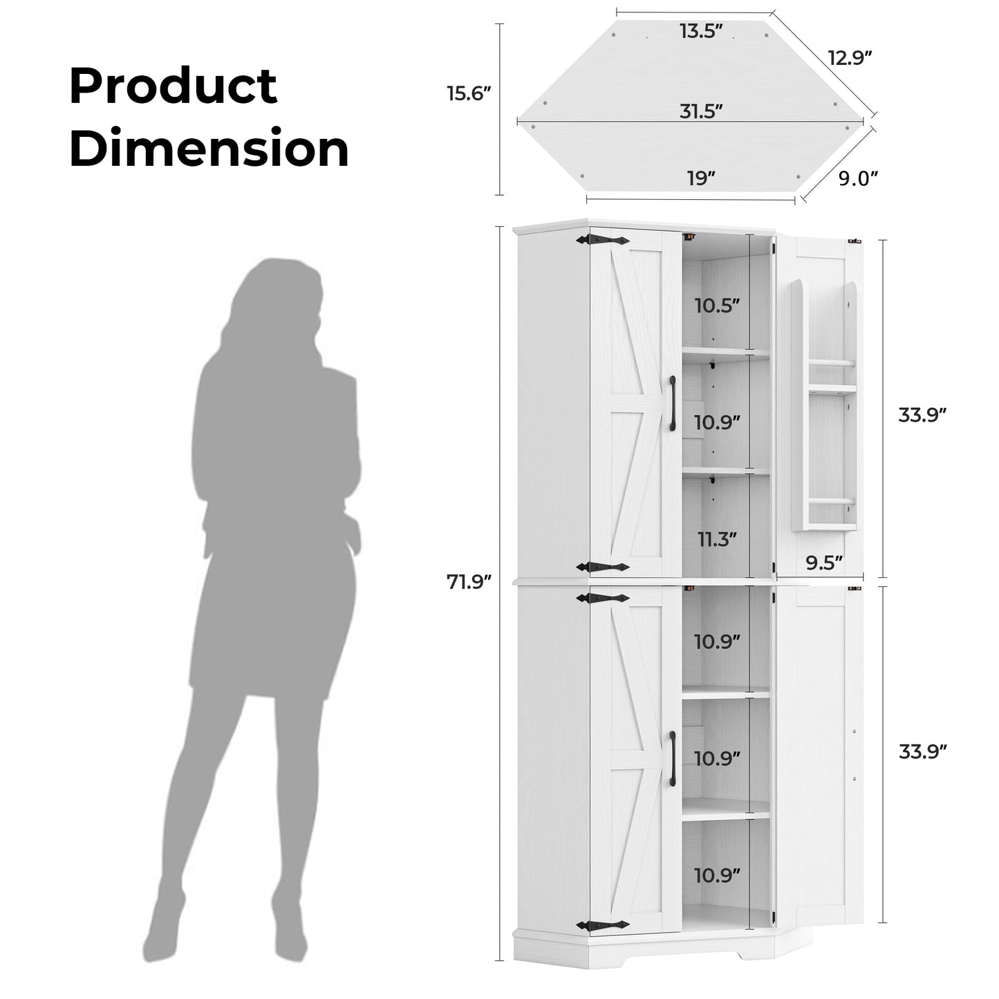 IRONCK Corner Cabinet, 72" Kitchen Pantry Cabinet, 6-Tier Freestanding Farmhouse Pantry with 2 Adjustable Shelves, 240°Swivel Doors, 2 Doors Storage, Spacious Hutch for Kitchen, Living Room, White