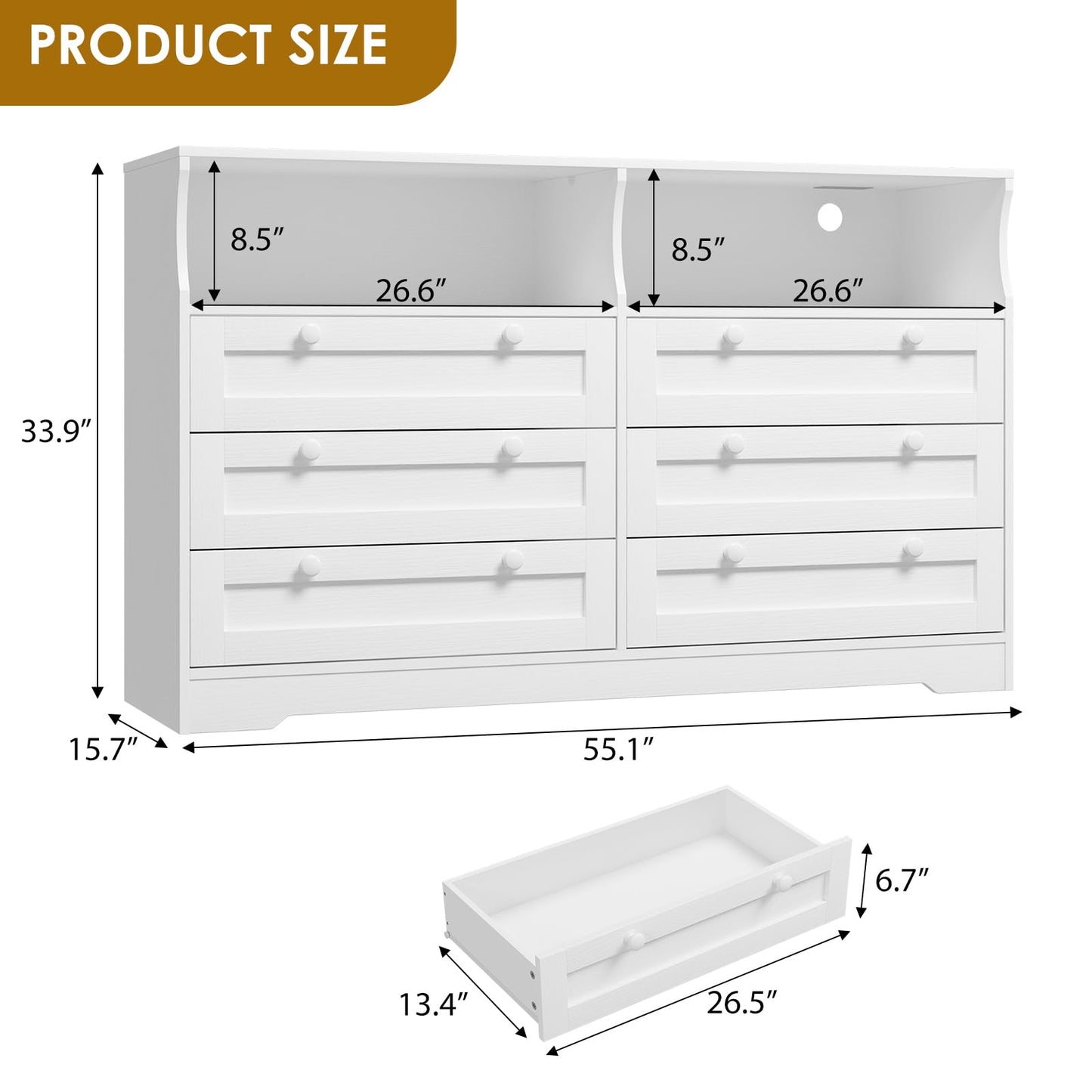 IDEALHOUSE 55" 6-Drawer Dresser for Bedroom – Wood Chest with Charging Station, LED Lights & 2 Storage Compartments, Modern TV Stand for Living Room & Hallway, White