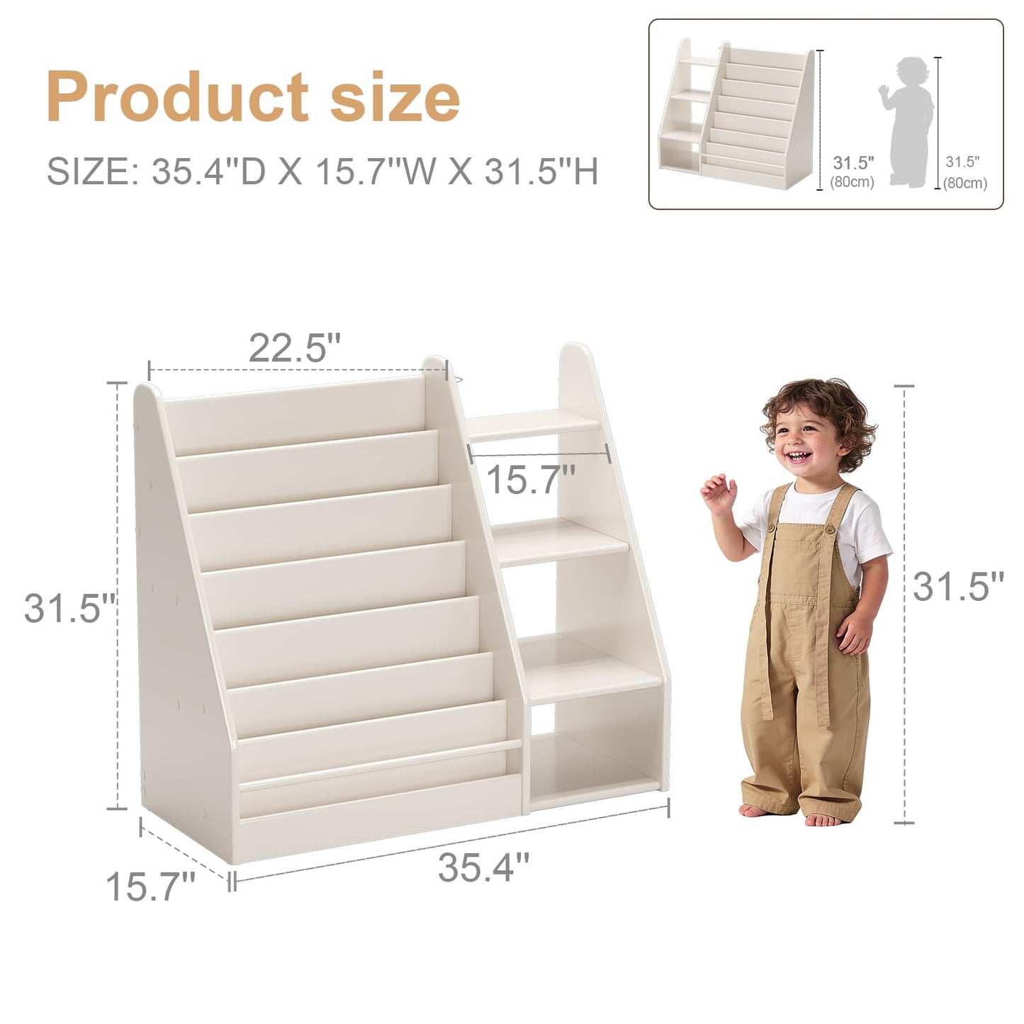 DONGMUWUJEE Solid Wood Kids Bookshelf and Storage Organizer, 7 Layer Children Bookcase, Baby Toddler Wooden Book Shelf, Display Cabinet for Playroom, Bedroom, Classroom, Nursery, School, White