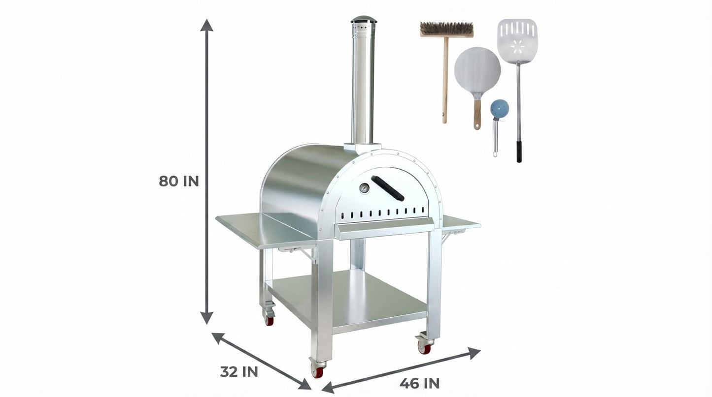 Wood Fired Pizza Oven Outdoor, 46 Inch Large Stainless Steel Wood Burning Camping Oven with Wheels & Accessories, Charcoal Outdoor Oven for Baking Roasting Grilling Searing, for Backyard Garden Patio