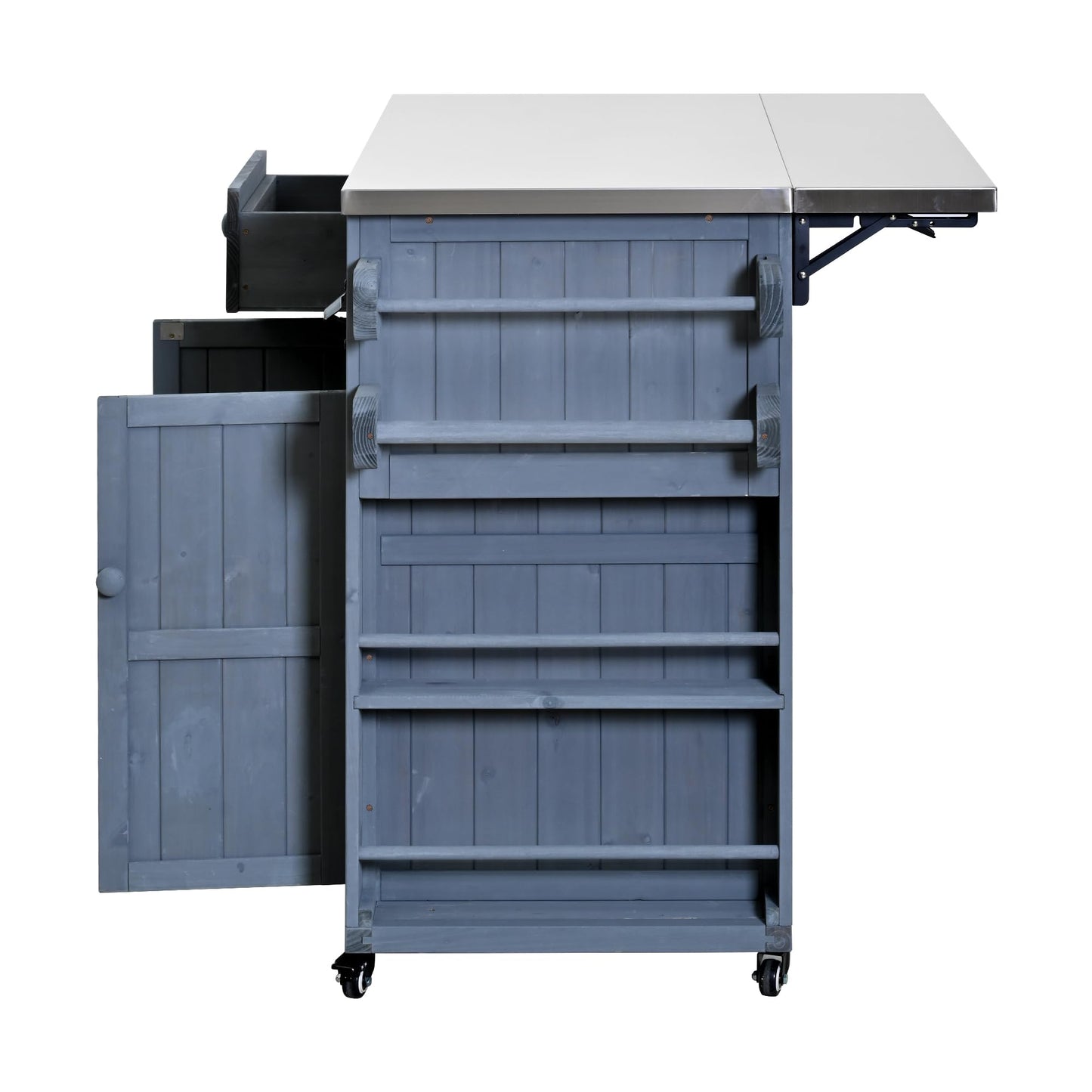 GDFStudio Winford Patio Kitchen Island Cart with Extendable Top, Wooden Outdoor Storage Cabinet with Stainless Steel BBQ Prep Table Top, Drawers, Spice Rack and Lockable Wheels, Potting Bench, Gray