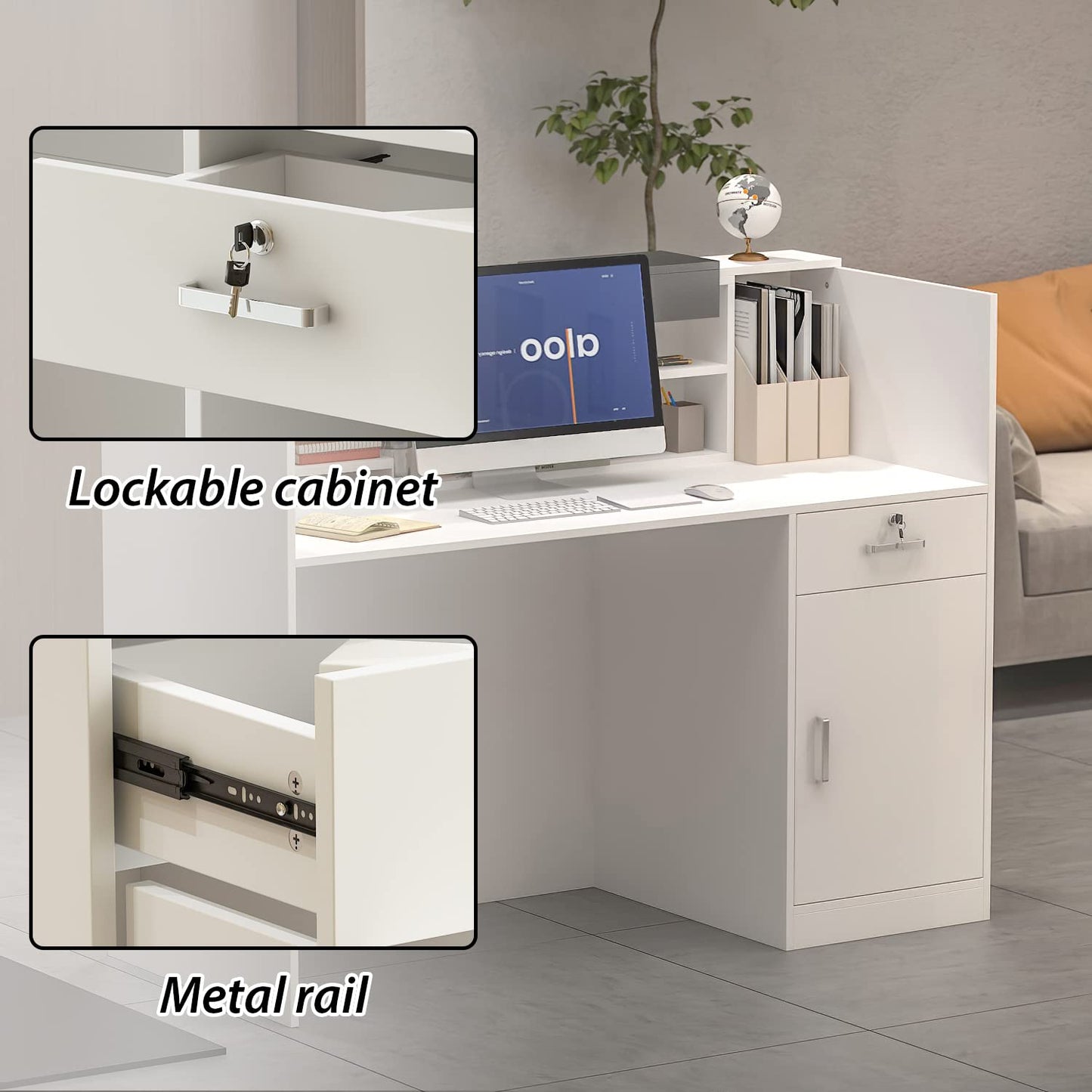 AIEGLE Reception Counter Desk with Adjustable Shelf & Lockable Drawersfor Salon Reception Room Checkout Office, White (55.1" L x 23.6" W x 43.3" H)
