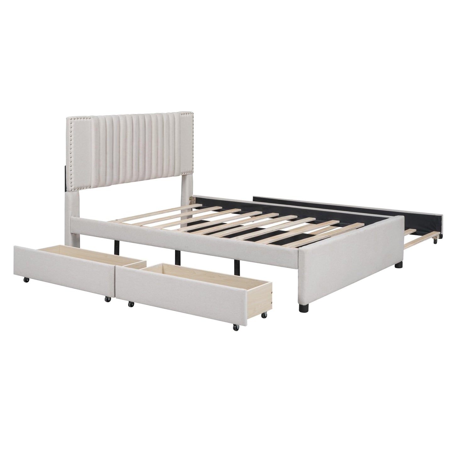 DNYN Full Size Upholstered Platform Bed with Trundle(Twin) & 2 Drawers for Kids Bedroom,Wooden Linen Fabric Bedframe w/Storage & Classic Heardboard,No Box Spring Needed, Beige