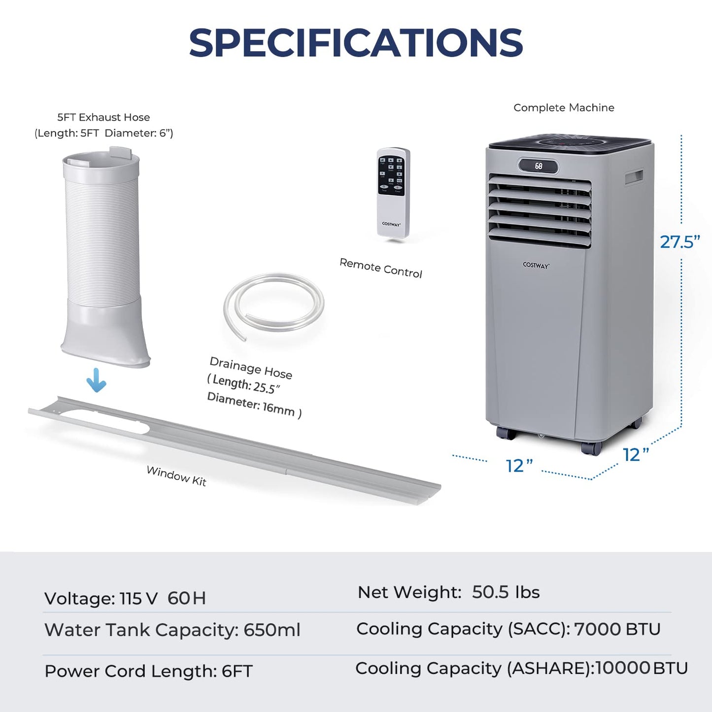 COSTWAY Portable Air Conditioner, 10000BTU Air Cooler with Drying/Fan/Sleep Mode, 2 Speeds, 24H Timer, Remote Control, Portable AC for Home & Office, Cools Room up to 350 Sq. Ft, Window Kit Included