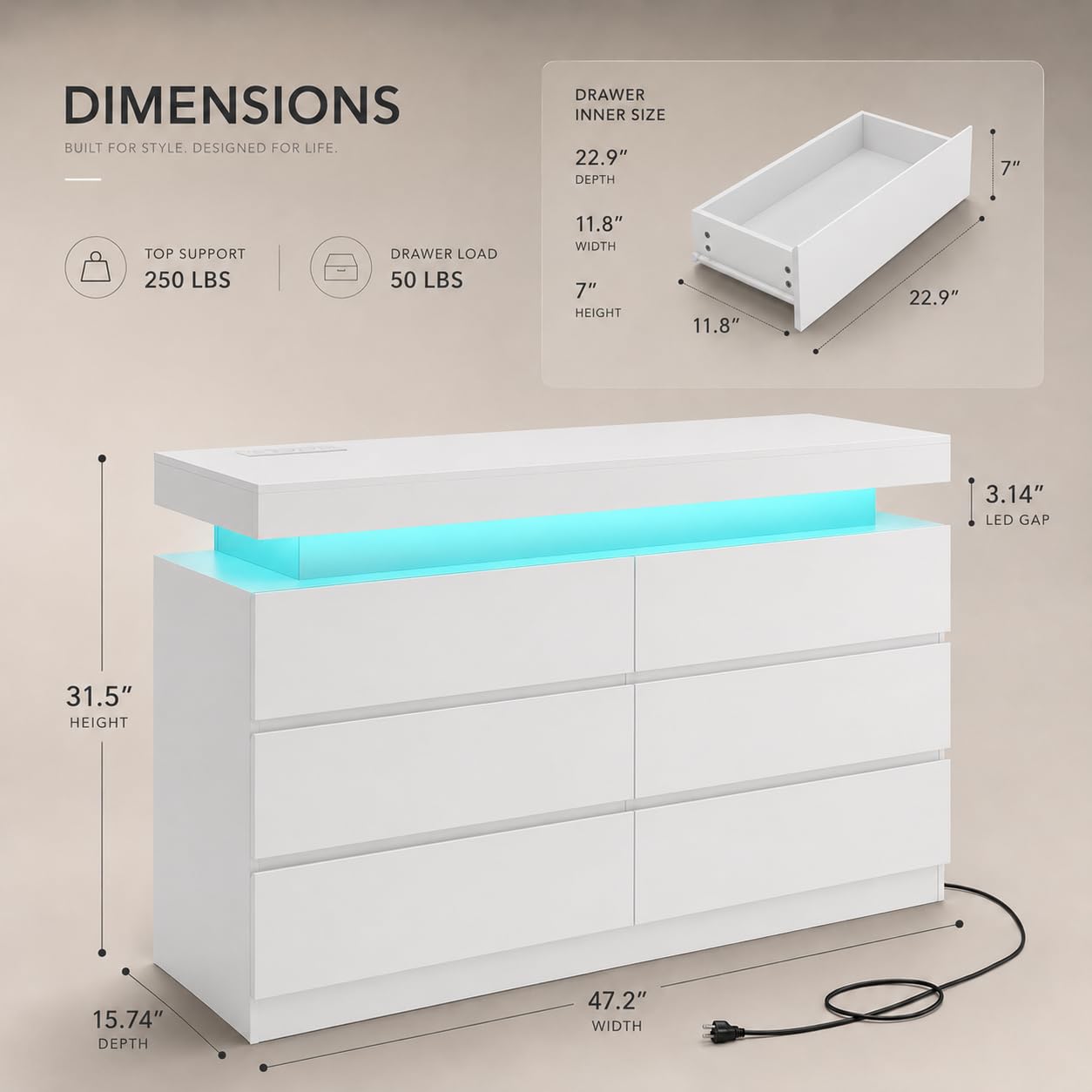 OneBlis 6 Drawer Dresser with LED Lights & Charging Station, Modern Floating White Dresser for Bedroom, Smart Storage Chest with 2 AC Outlets & USB Ports for Living Room, Closet, Entryway