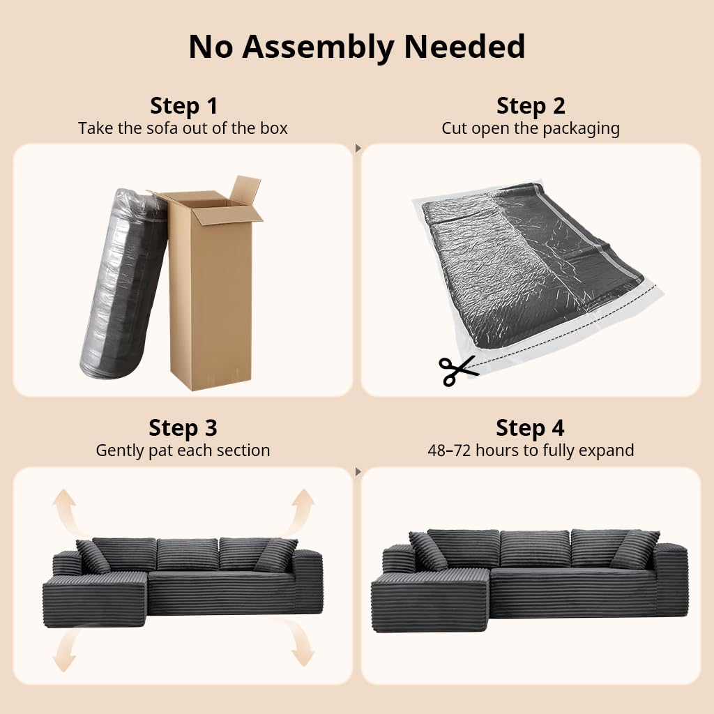 COMHOMA 105”Modular Sectional Sofa with Deep Seat,Cloud Upholstered L-Shape Boneless Couch Wide Arms Corduroy Fabric High-Density Foam Chaise Lounge for Living Room No Assembly Required,Dark Grey