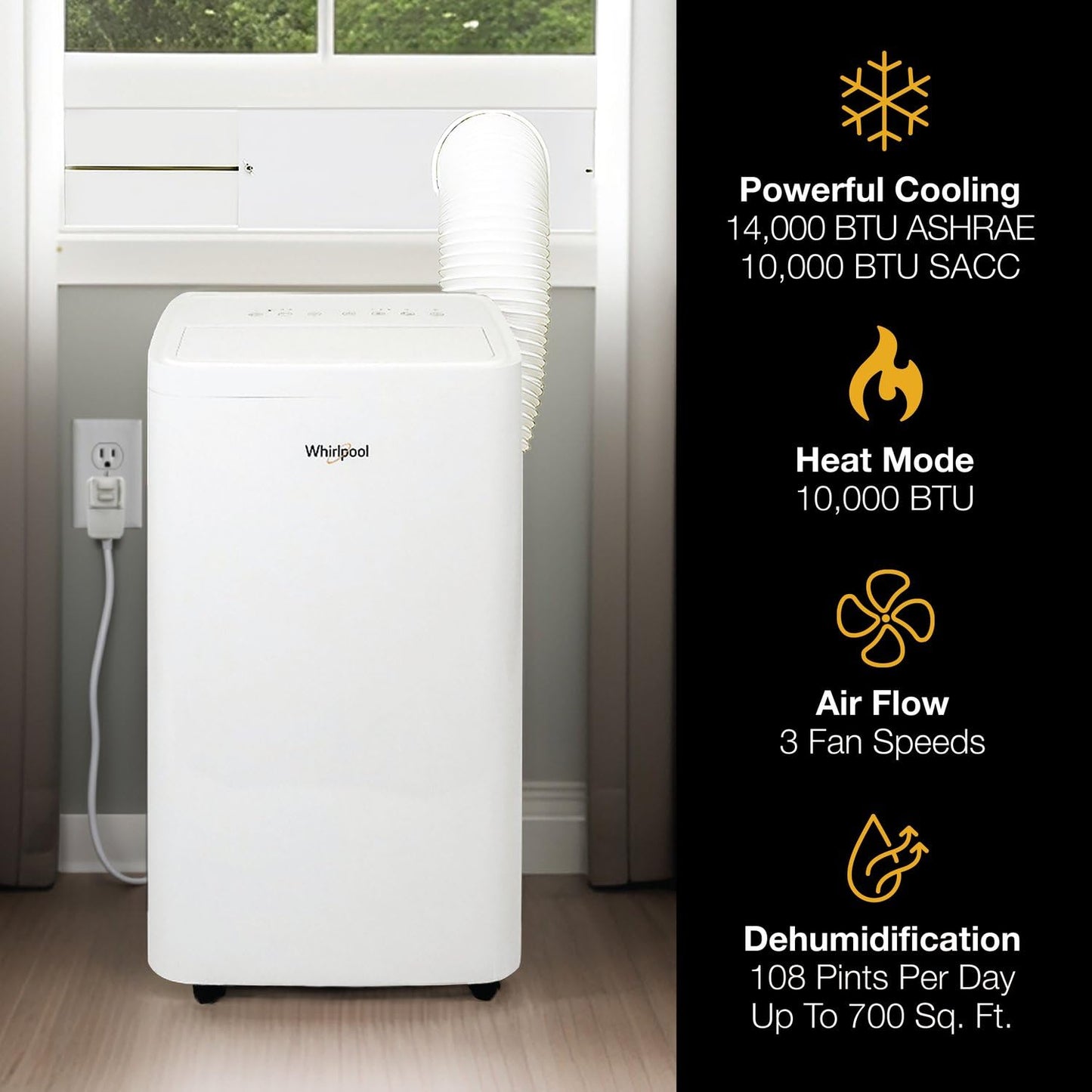 Whirlpool 14,000 BTU Portable Air Conditioner with Heater and Dehumidifier for Living Room, Apartment, or Bedroom, 115V, Portable AC for Rooms up to 700 Square Feet with Remote, 3 Speeds, Timer, White