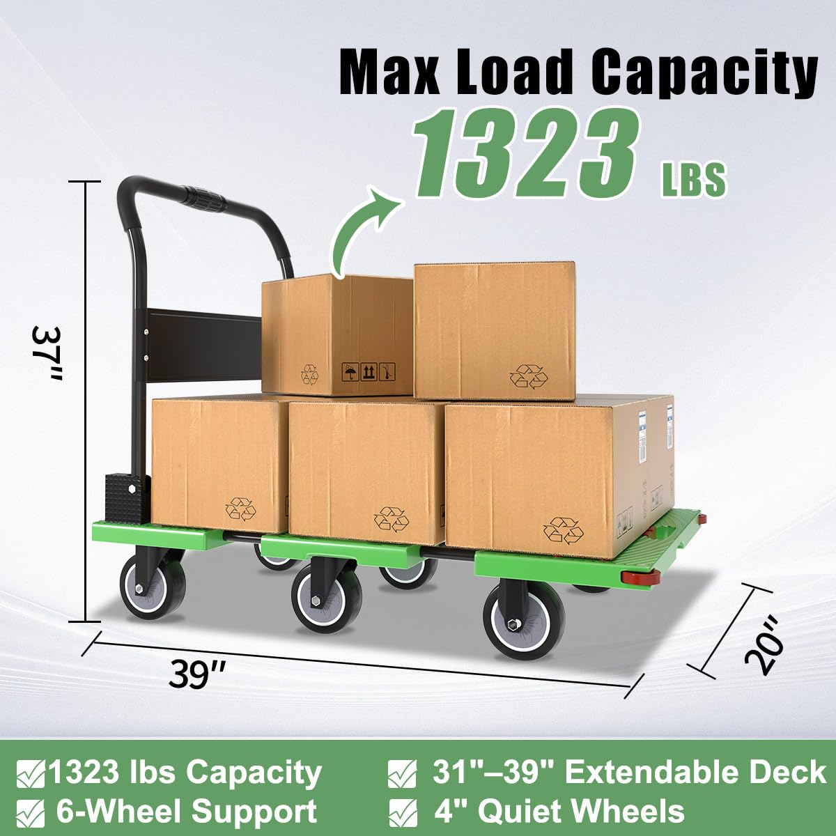 WUD 1323 lbs Heavy Duty Folding Platform Cart with Extendable Deck (31''–39''), 6-Wheel Support, 4'' Quiet Casters, Thick Reinforced Flatbed Dolly for Warehouse, Garage & Moving