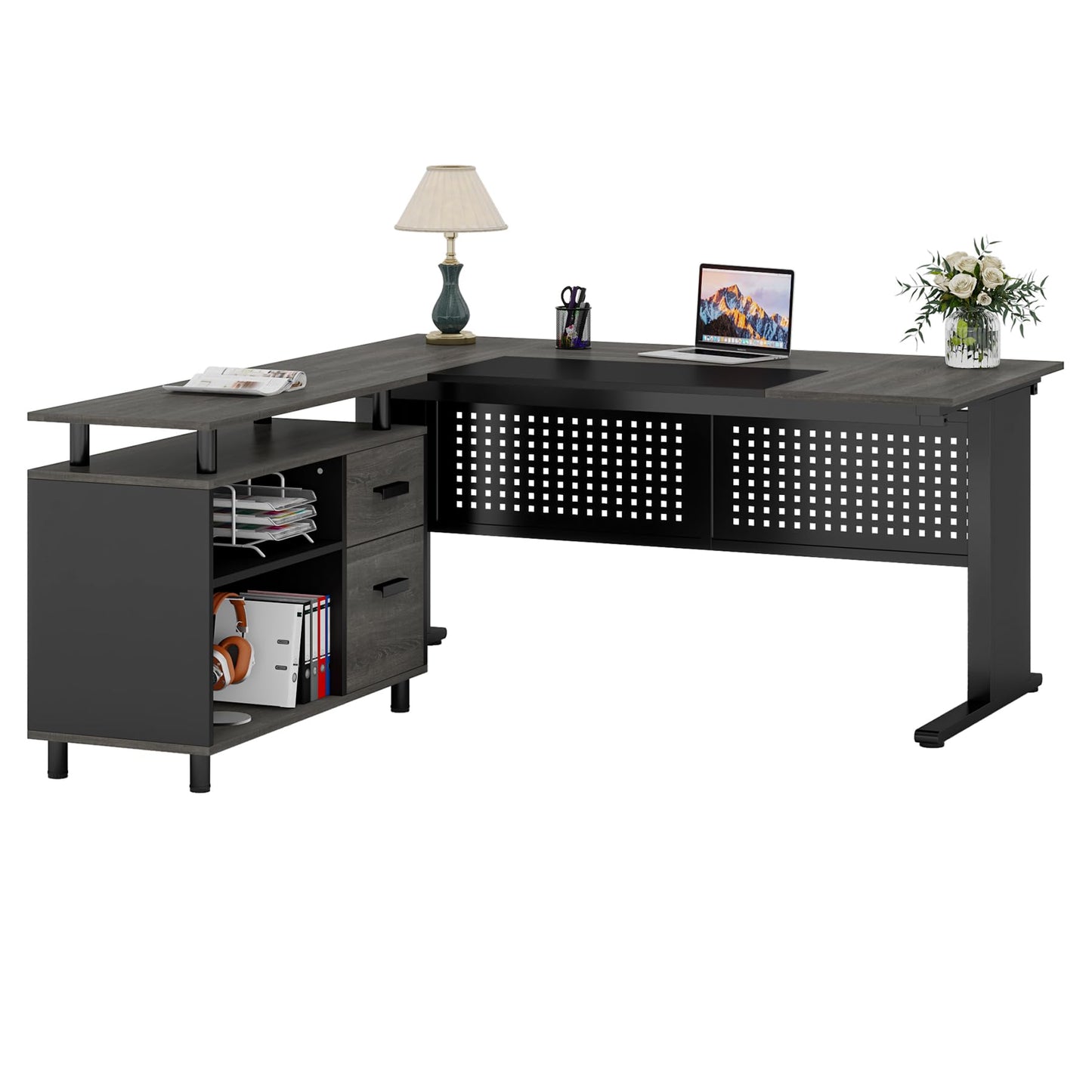 Tribesigns 63 Inch Executive Desk with File Cabinet, L Shaped Office Desk with Drawers and Storage Shelves, Business Furniture Set Workstation for Home Office, Gray and Black