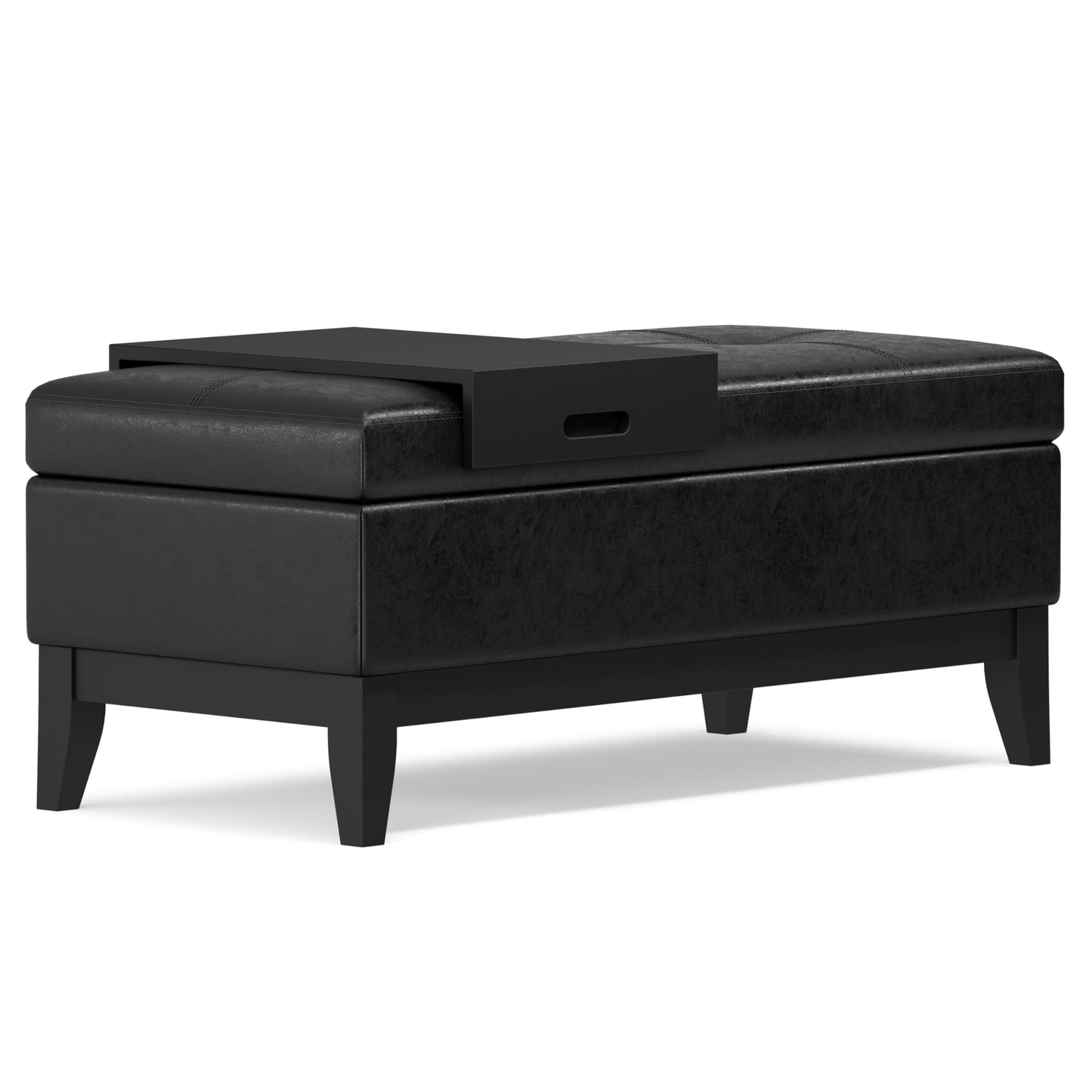 SIMPLIHOME Oregon Storage Ottoman Bench with Tray - 42 inch Wide Upholstered Vegan Leather Rectangle Ottoman Bench in Distressed Black, Transitional Tufted Ottoman for Living Room with Lift-Up Lid