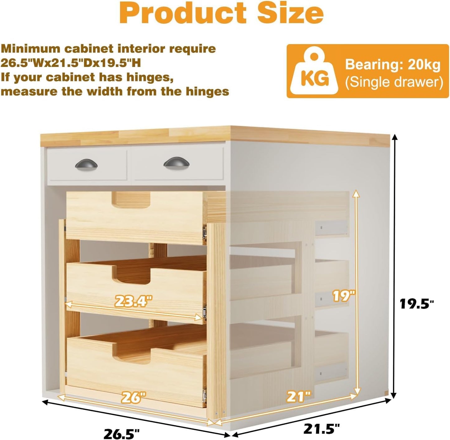 Gsskny Pull Out Cabinet Organizer, 26''W×21''D Sliding Drawers for Cabinets, 3 Tier Soft Close Slide Out Wooden Pull out Drawers, Base Cabinet Organization for Kitchen, Pantry, Bathroom.