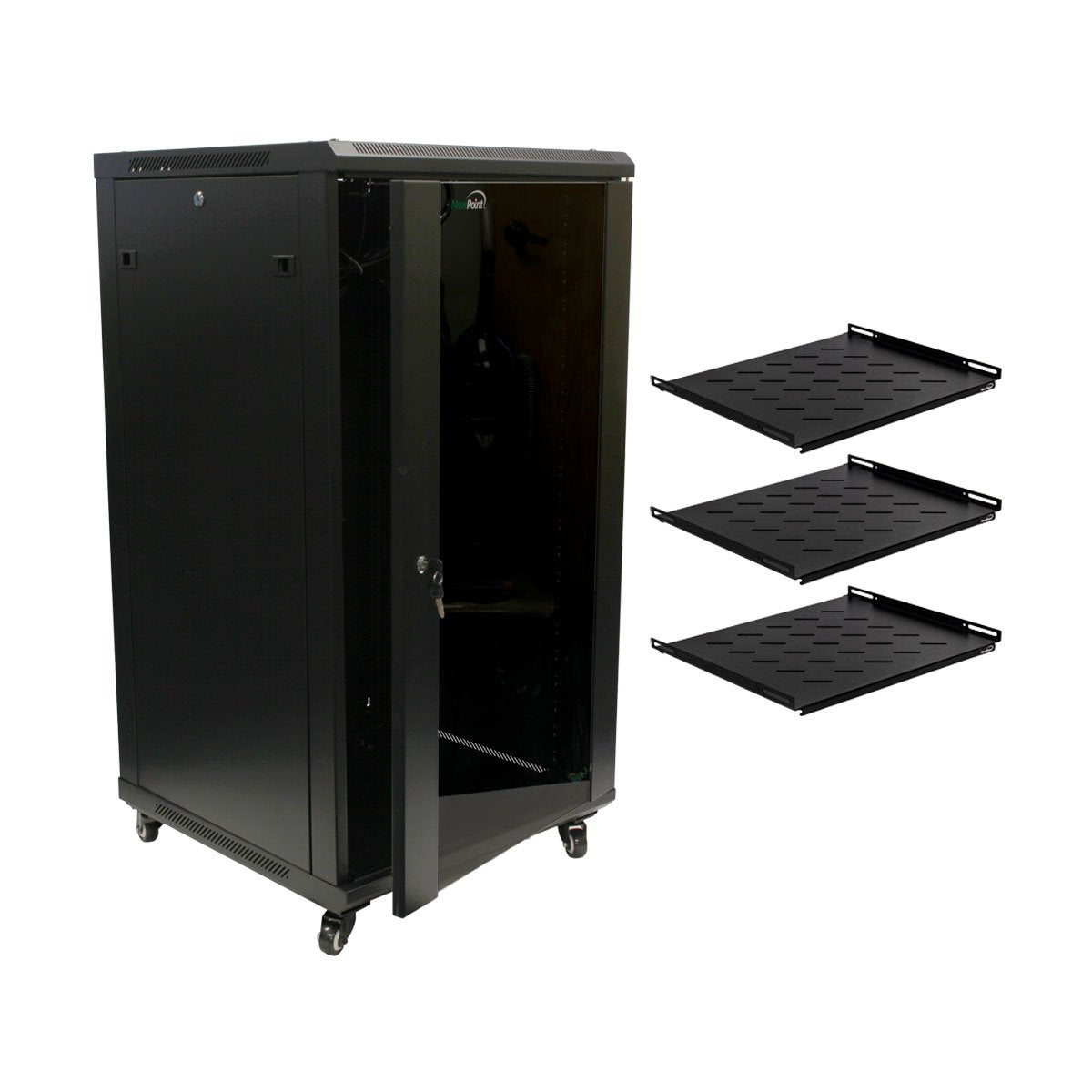 NavePoint 22U Server Rack Enclosure with Shelves, Caster Wheels, 2 Fans, Locking Glass Door, Removable Side Panels – 22U Network Cabinet 23.6” Deep, 19” Server Rack for A/V Equipment