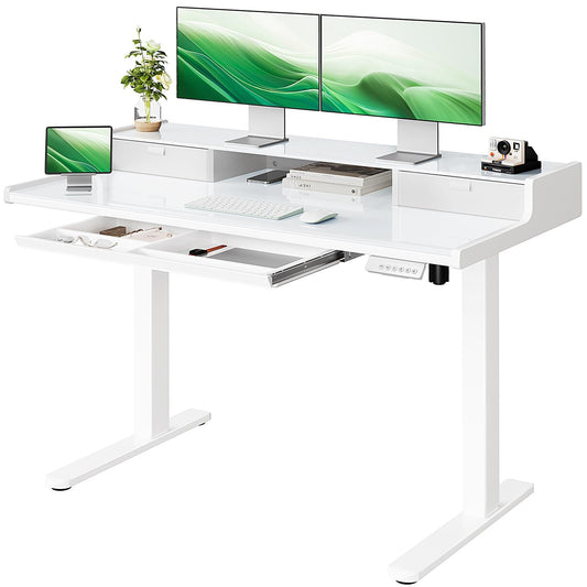 Marsail 48x24 inch Glass Standing Desk with Drawers, Computer Desk with Monitor Stand, Home Office Adjustable Table with Drawers, 4 Preset Heights, Stand up Table for Home, Office, White