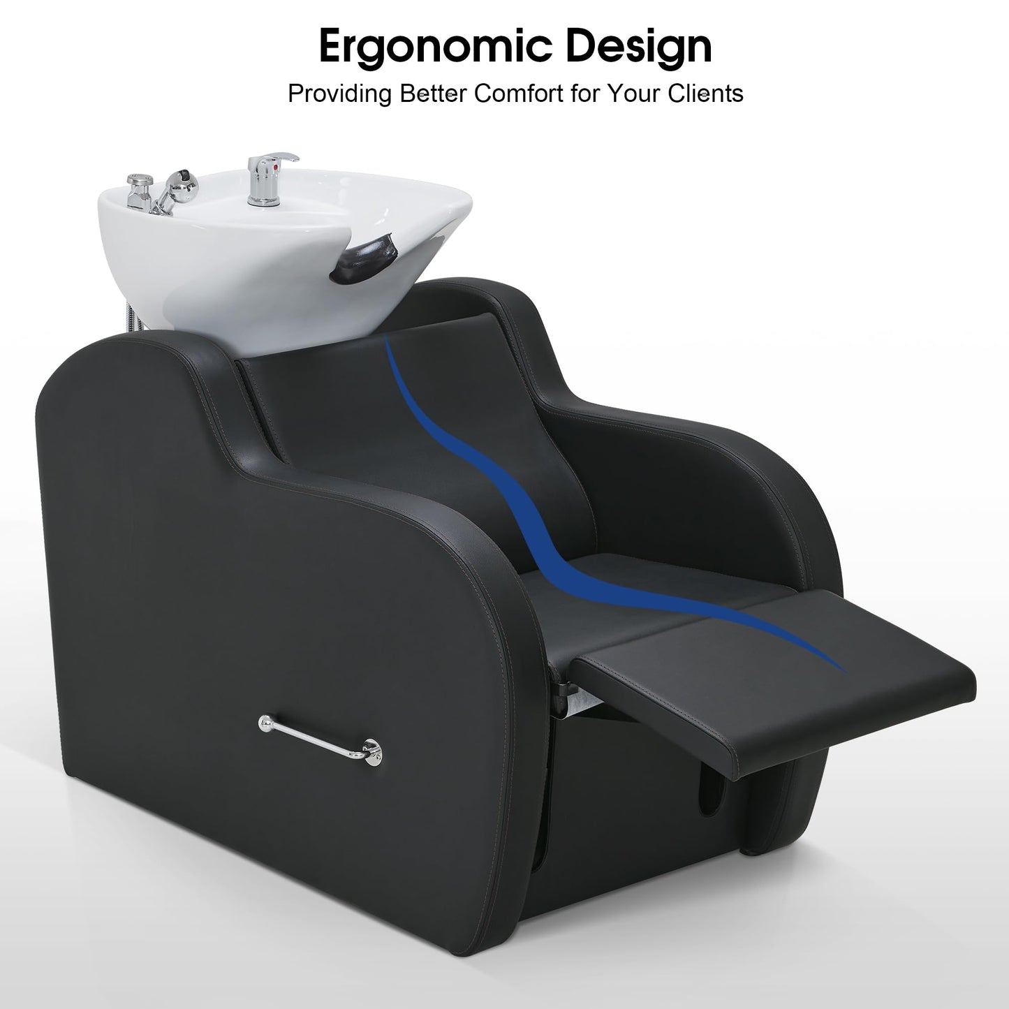 BarberPub Backwash Shampoo Unit with Leg Rest, Adjustable Ceramic Hair Wash Bowl Sink and Chair Set for Salon, Barbershop, Home Salon 9312 (Black)