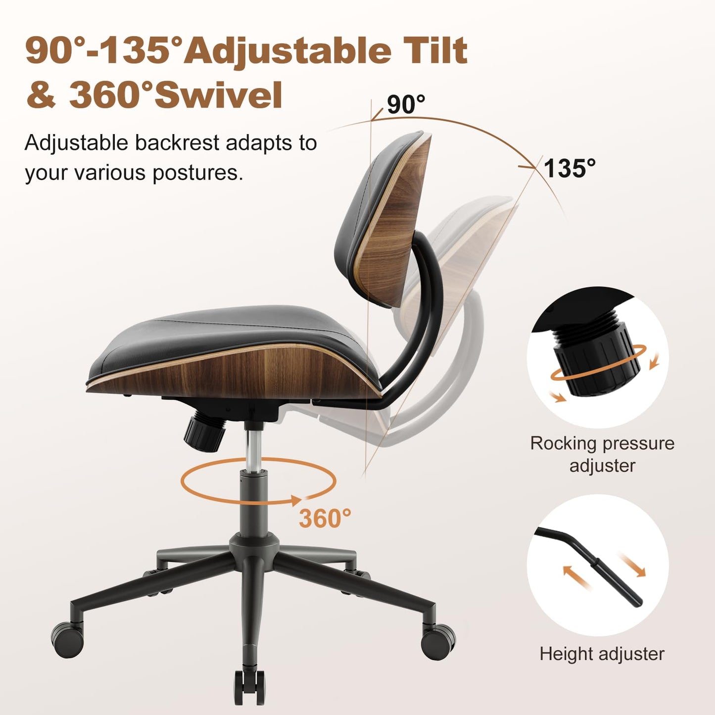 BERYTH Armless Office Chair with Wheels, PU Leather Adjustable Height Desk Chair - 360° Swivel Ergonomic Computer Chair for Small Space, Modern Walnut Style, Home & Meeting Room, Black