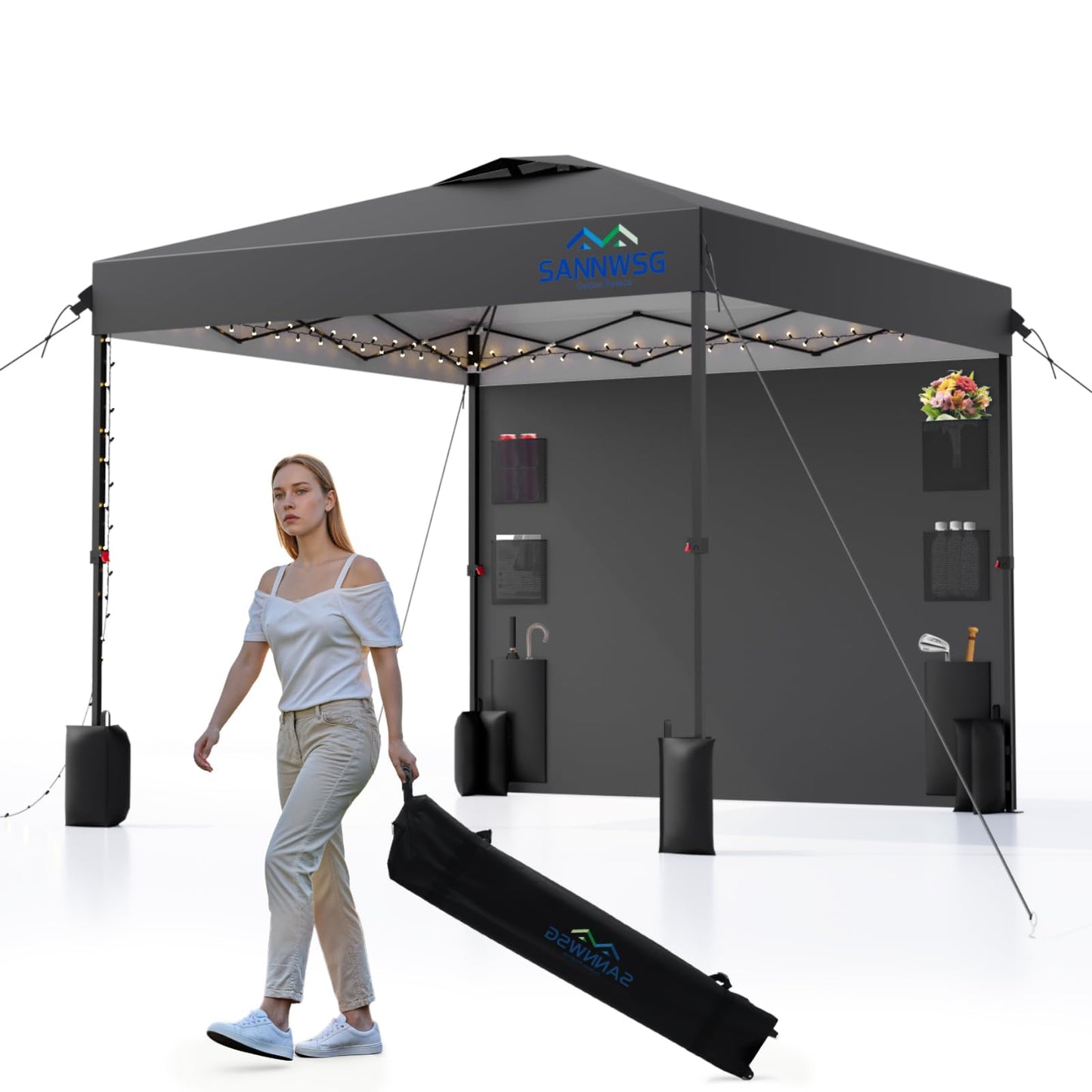 12X12 Pop Up Canopy Tent,Removable Pockets Sidewall for Extra Storage,Easy Up Canopy,Heavy Duty One Person Set Up Event Tent,Grey