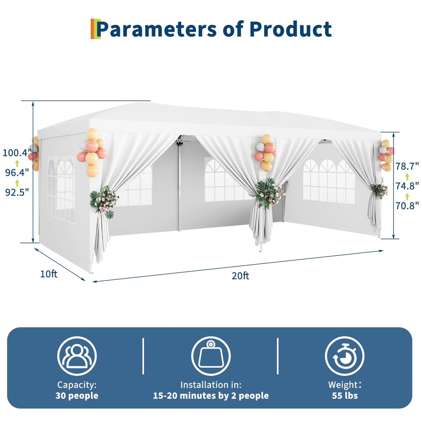 Garvee 10x20 Pop Up Canopy Tent with 6 Removable Sidewalls, Easy Up Commercial Canopy Tents for Parties, Large Heavy Duty Outdoor Canopies with 3 Adjustable Heights, Stakes X18, Ropes X6, White