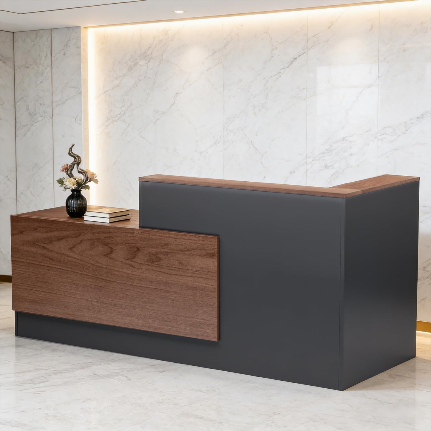 L-Shaped Modern Large Wooden Commercial Reception Desk with Counter & Shelves, Front Reception Desk Counter Table with Drawers for Offices,Home (Brown + Black, Left- 71''L x 42''W x 41''H)