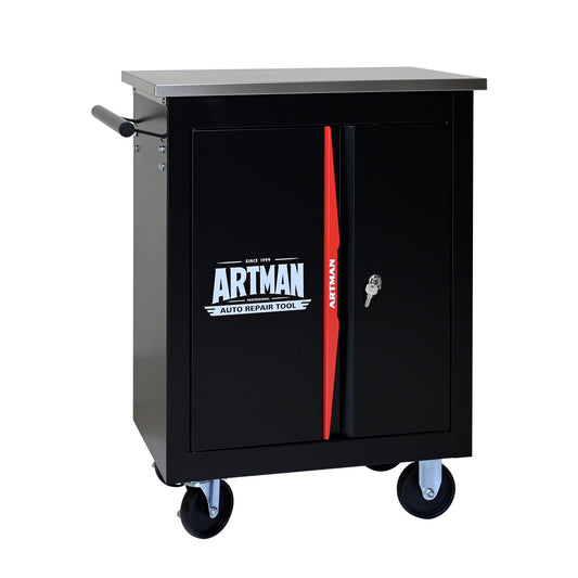 KEIKI Double Door Tool Cart with Storage Shelf, Rolling Metal Tool Cabinet with Lockable Wheels, Multi-Function Garage Workshop Tool Organizer (Black&Red)