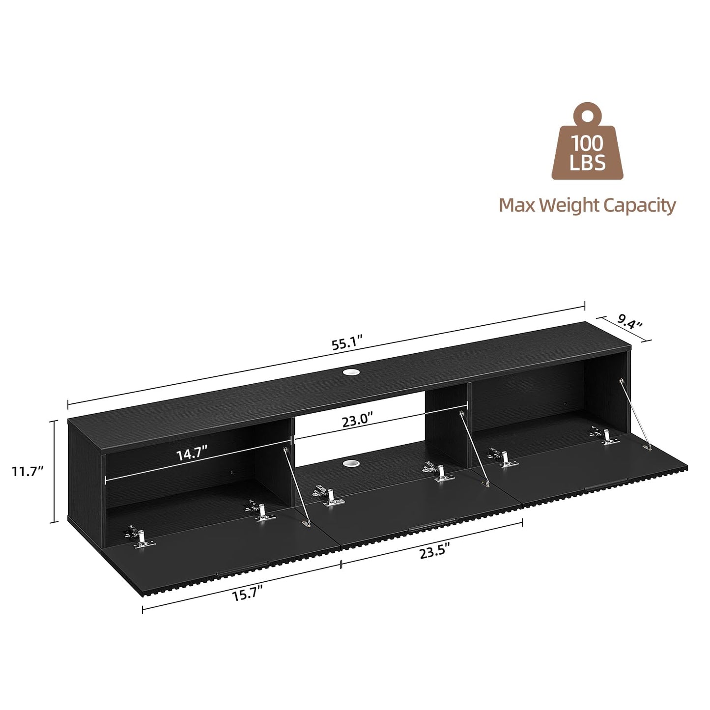FloatiCasa Floating TV Stand with 3 Doors,55IN Wall Mounted TV Cabinet,Slatted Floating Media Console Entertainment Center with Storage,Under TV Shelf for Bedroom Living Room,Black